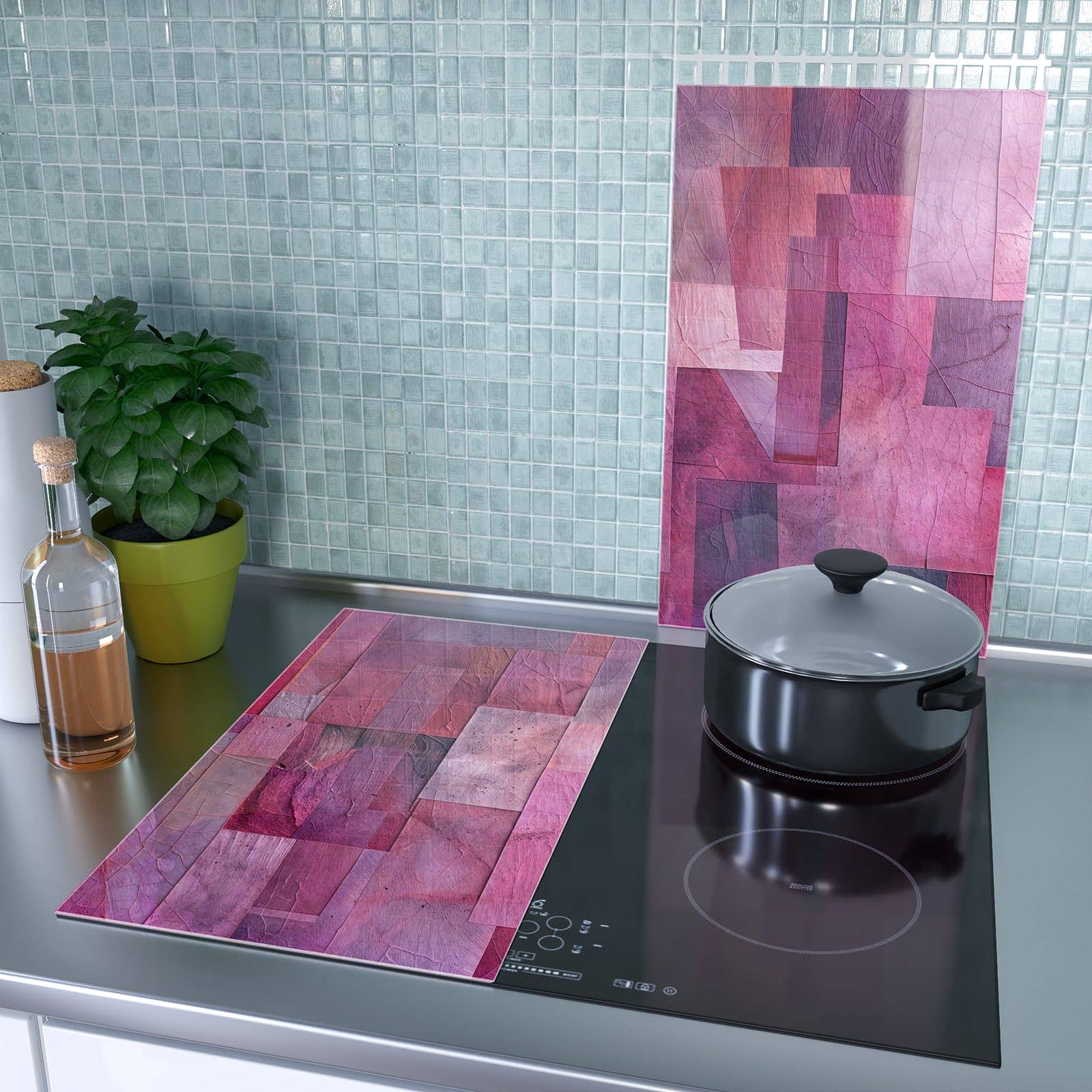2-teilige Ceranfeld Abdeckplatten mit Abstrakte Blaetter-Motiv als Spritzschutz hinter dem Kochfeld