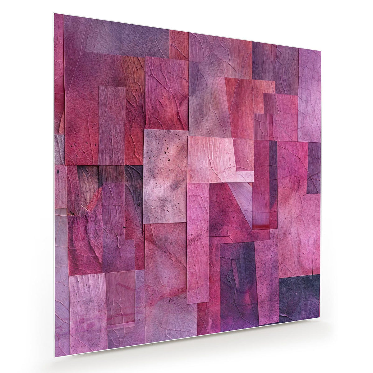 Collage aus überlappenden Rechtecken in Pink, Magenta und Burgunder, Blattadern nur als Textur