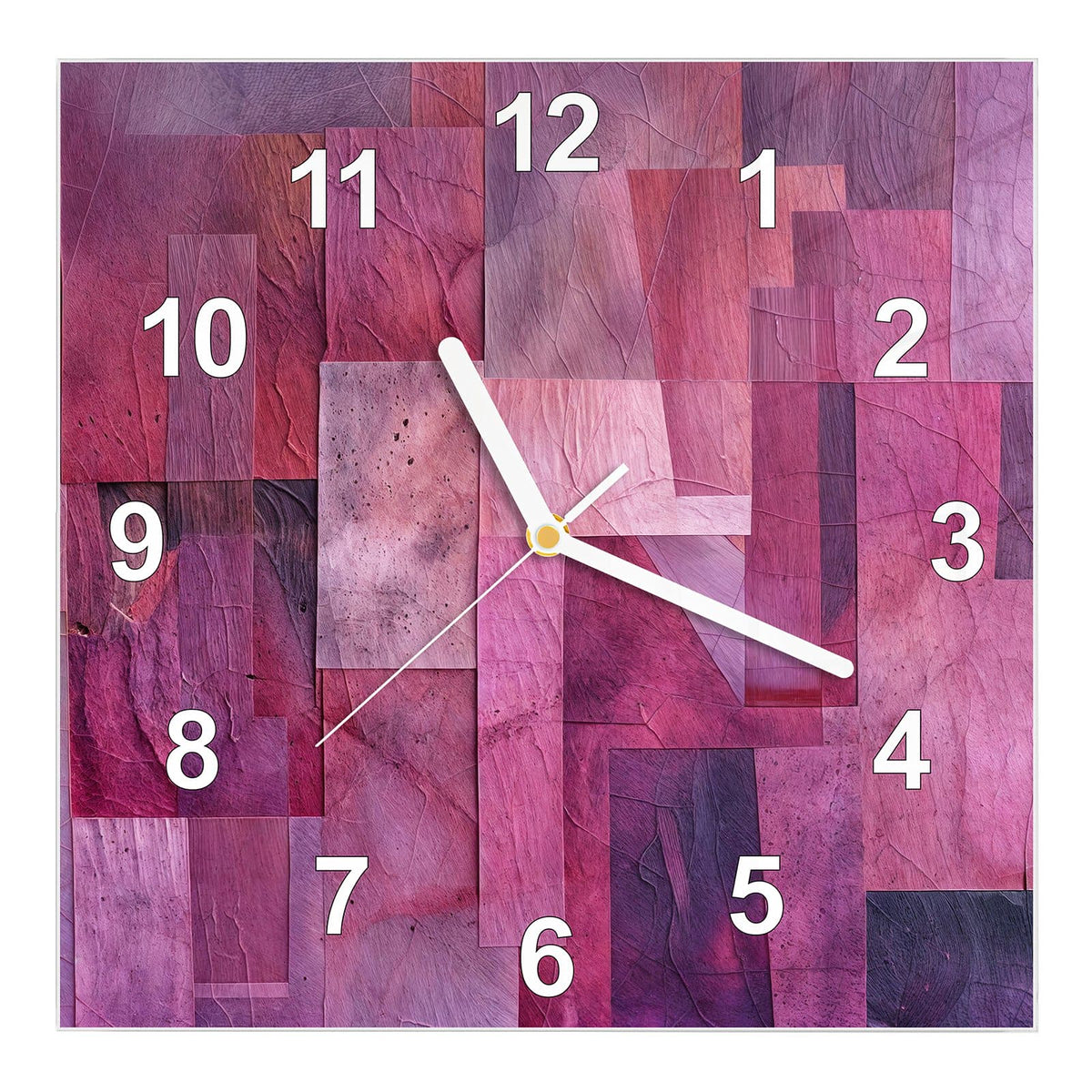 Wanduhr aus Glas, Ziffernblatt Modern: Collage aus überlappenden Rechtecken in Pink, Magenta und Burgunder, Blattadern nur als Textur #ziffernblatt_Modern