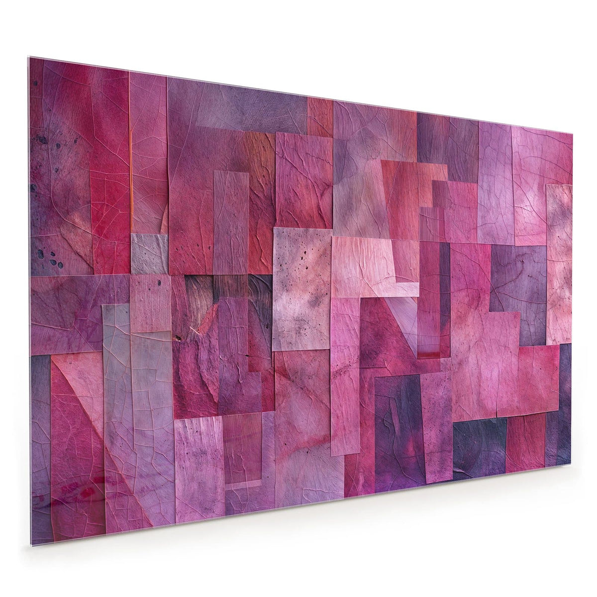 Küchenrückwand aus Glas im Hochformat: Collage aus überlappenden Rechtecken in Pink, Magenta und Burgunder, Blattadern nur als Textur