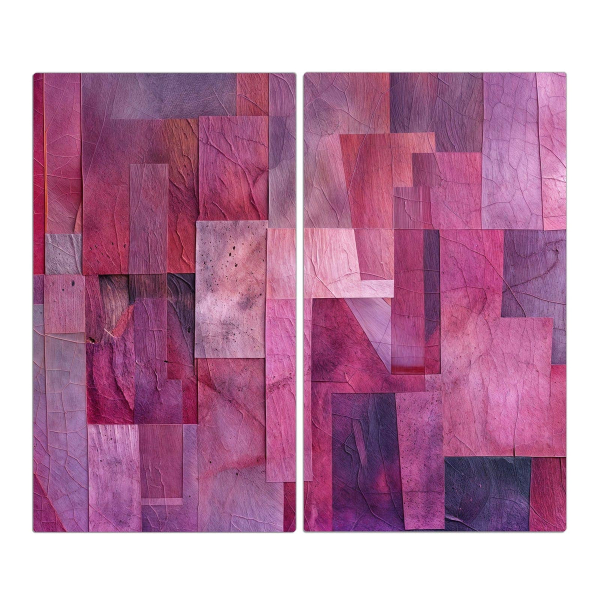 Collage aus überlappenden Rechtecken in Pink, Magenta und Burgunder, Blattadern nur als Textur