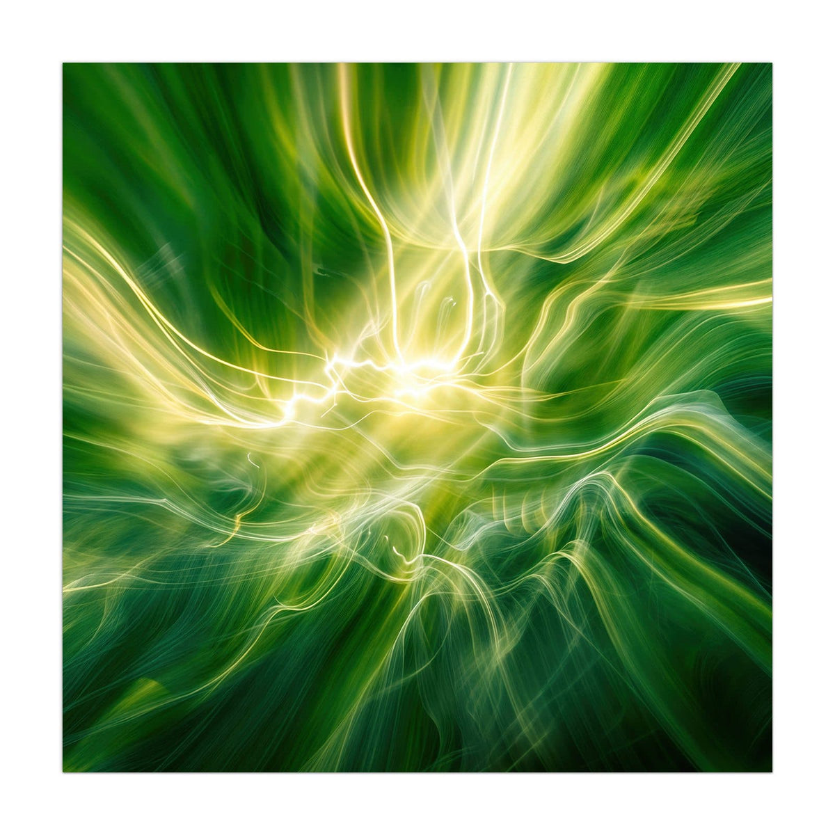 Grüne und weißgelbe Lichtfäden, die aus einem hellen Zentrum wirbeln