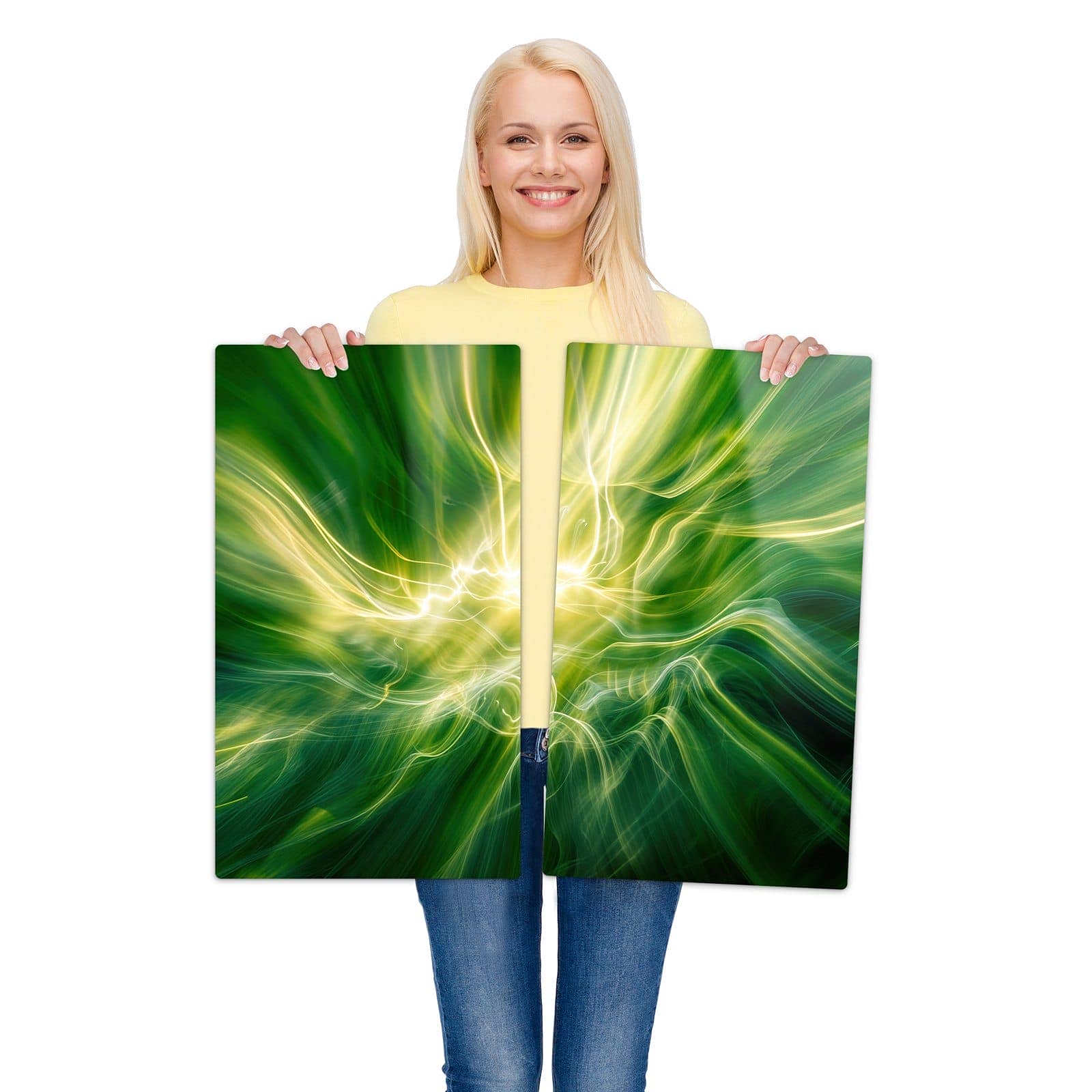 2-teilige Abdeckplatten mit Leuchtendes Glühen-Motiv werden zur Größendarstellung gehalten