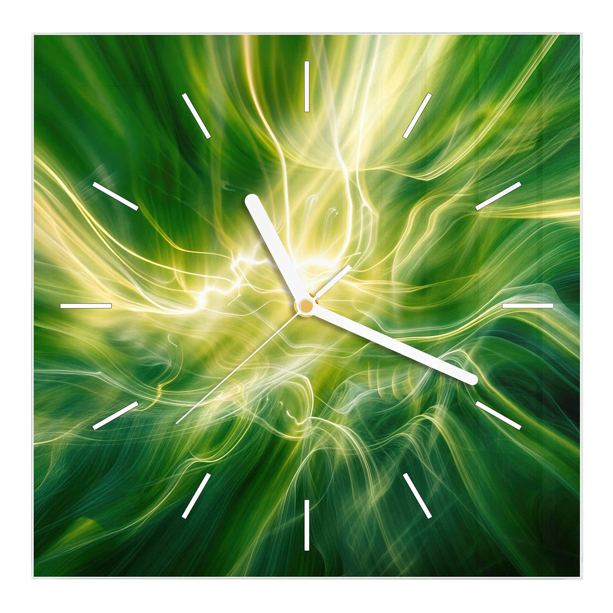 Wanduhr aus Glas, Ziffernblatt Linie: Grüne und weißgelbe Lichtfäden, die aus einem hellen Zentrum wirbeln