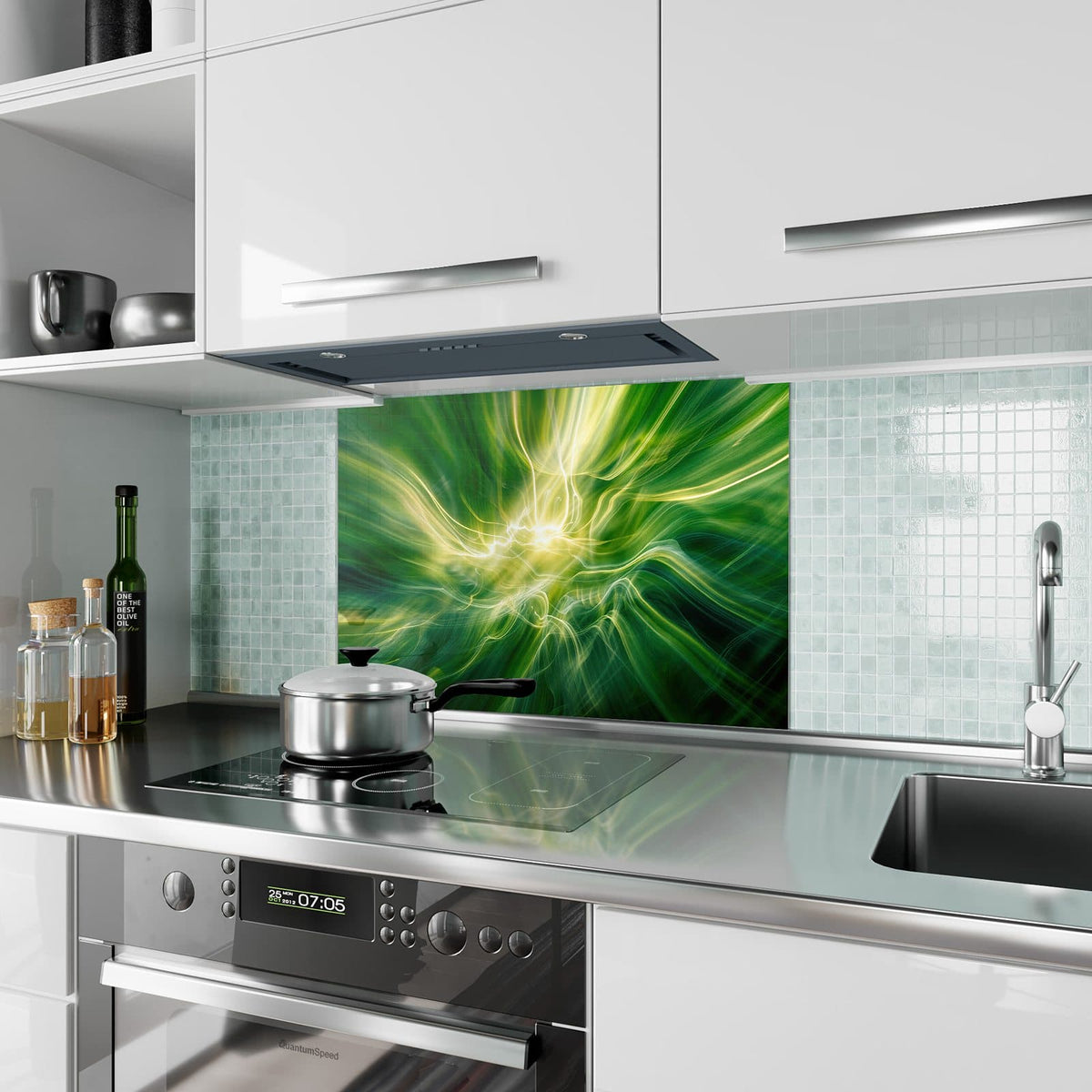 Küchenrückwand aus Glas Grüner Lichtwirbel im Hochformat als Spritzschutz hinter dem Kochfeld, über dem Fliesenspiegel montiert