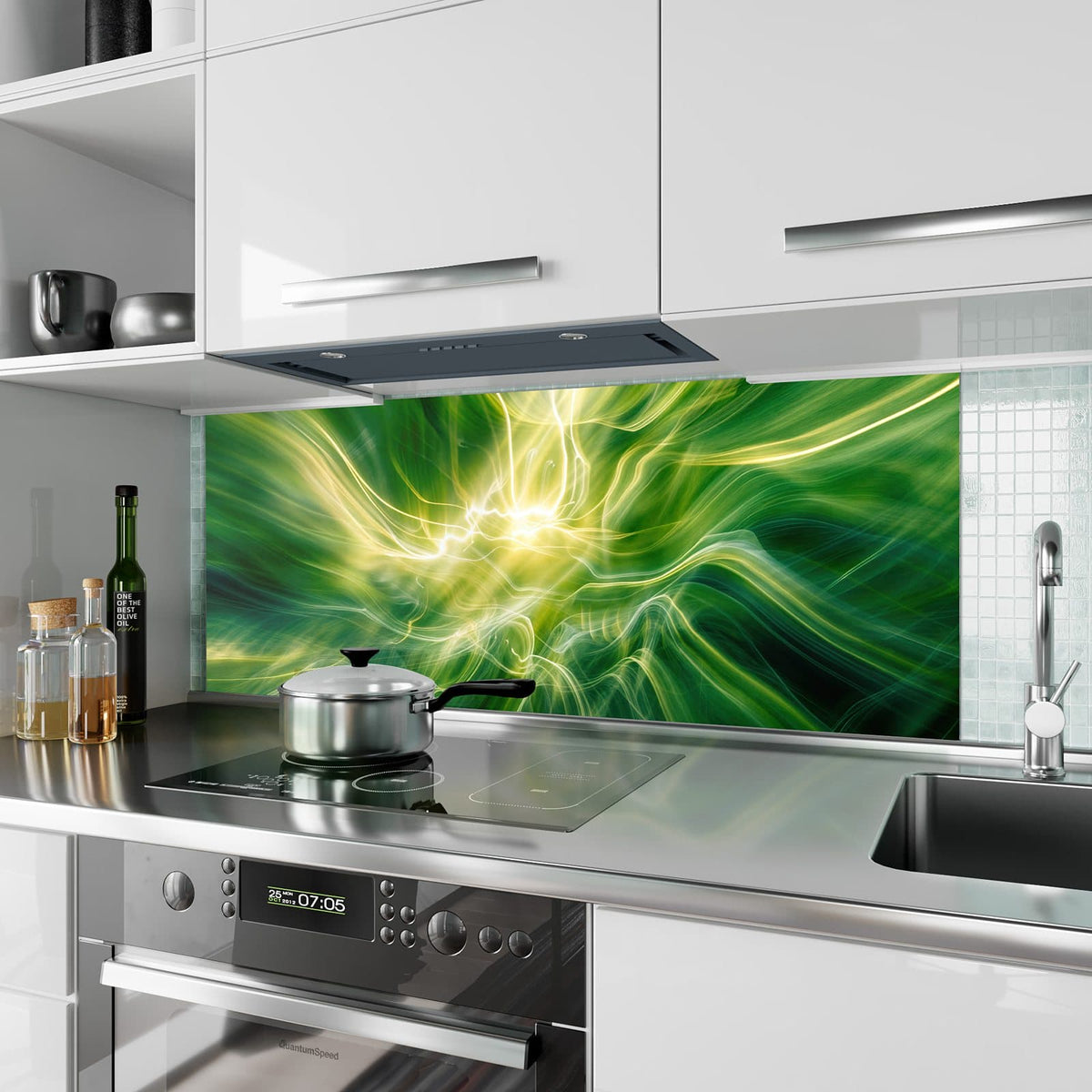 Küchenrückwand aus Glas Grüner Lichtwirbel im Hochformat als Spritzschutz hinter dem Kochfeld, über dem Fliesenspiegel montiert