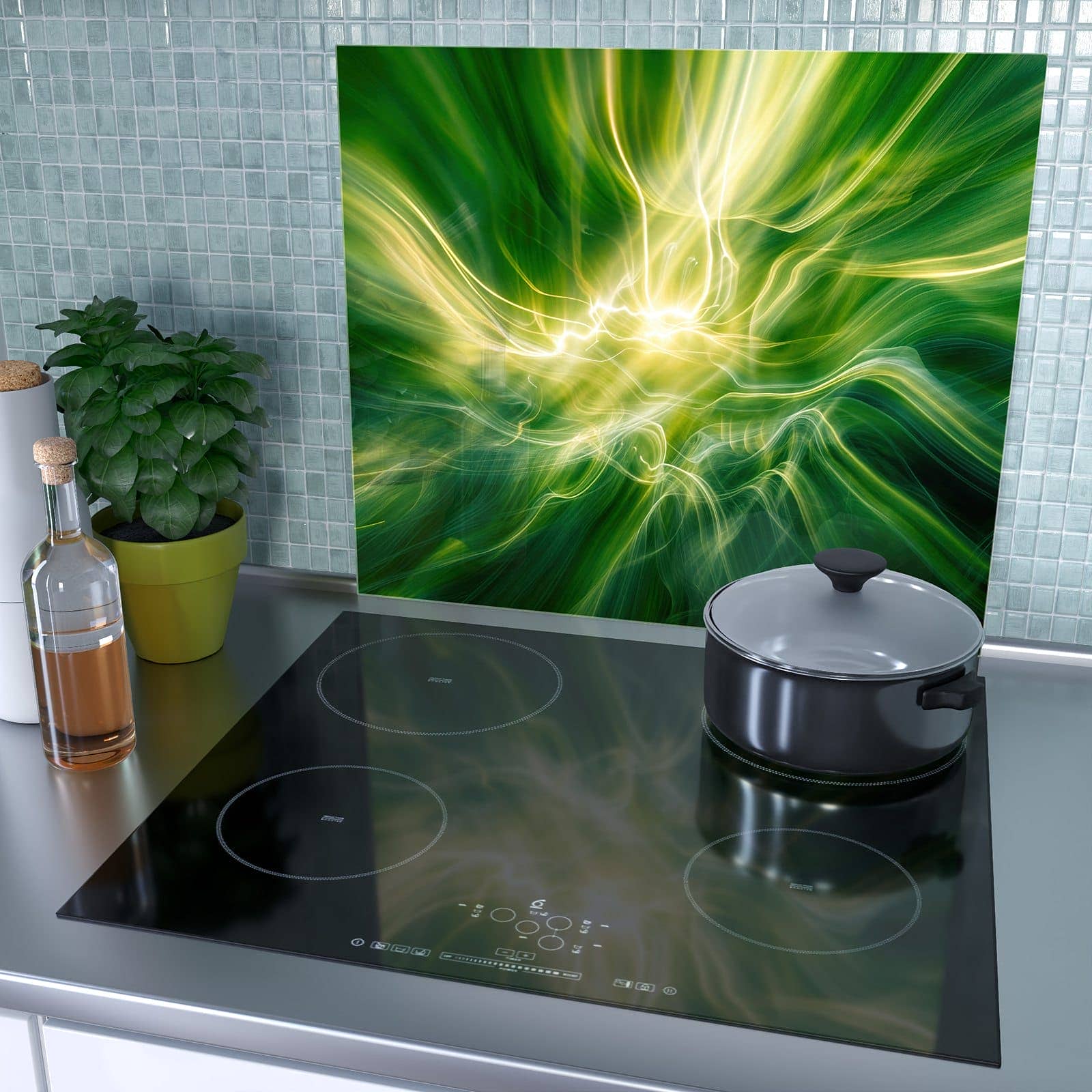 1-teilige Herdabdeckplatte mit Leuchtendes Glühen-Motiv als Spritzschutz hinter dem Kochfeld