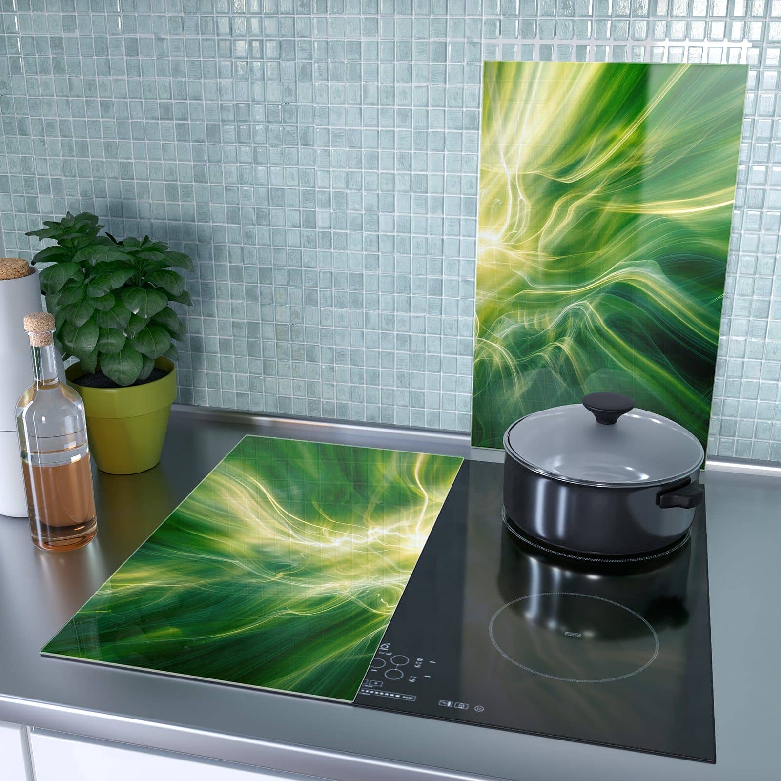 2-teilige Herdabdeckplatte aus Glas mit Leuchtendes Glühen-Motiv als Spritzschutz hinter dem Kochfeld