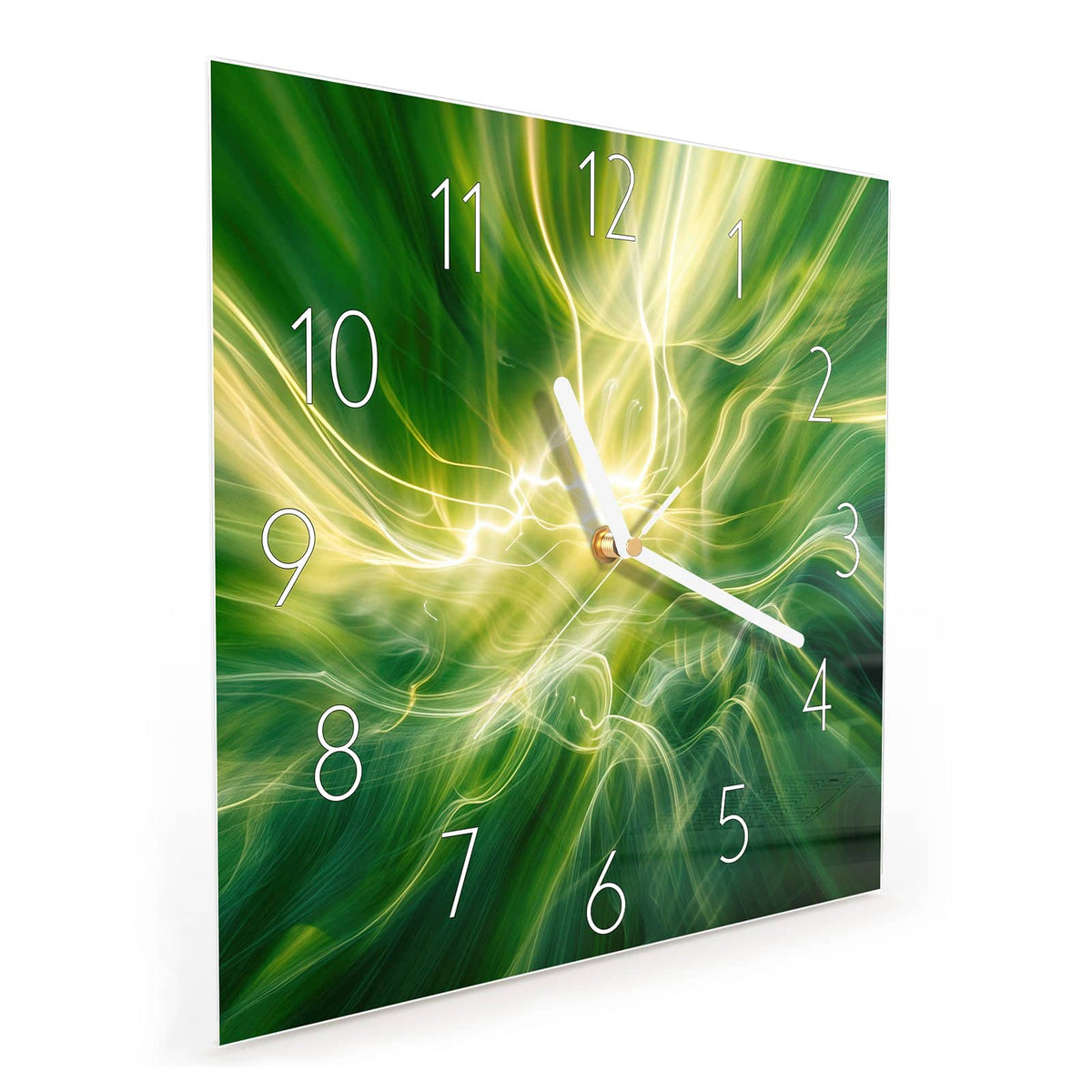 Quadratische Wanduhr aus Glas Grüner Lichtwirbel schräg von der Seite, 4 mm starkes Glas
