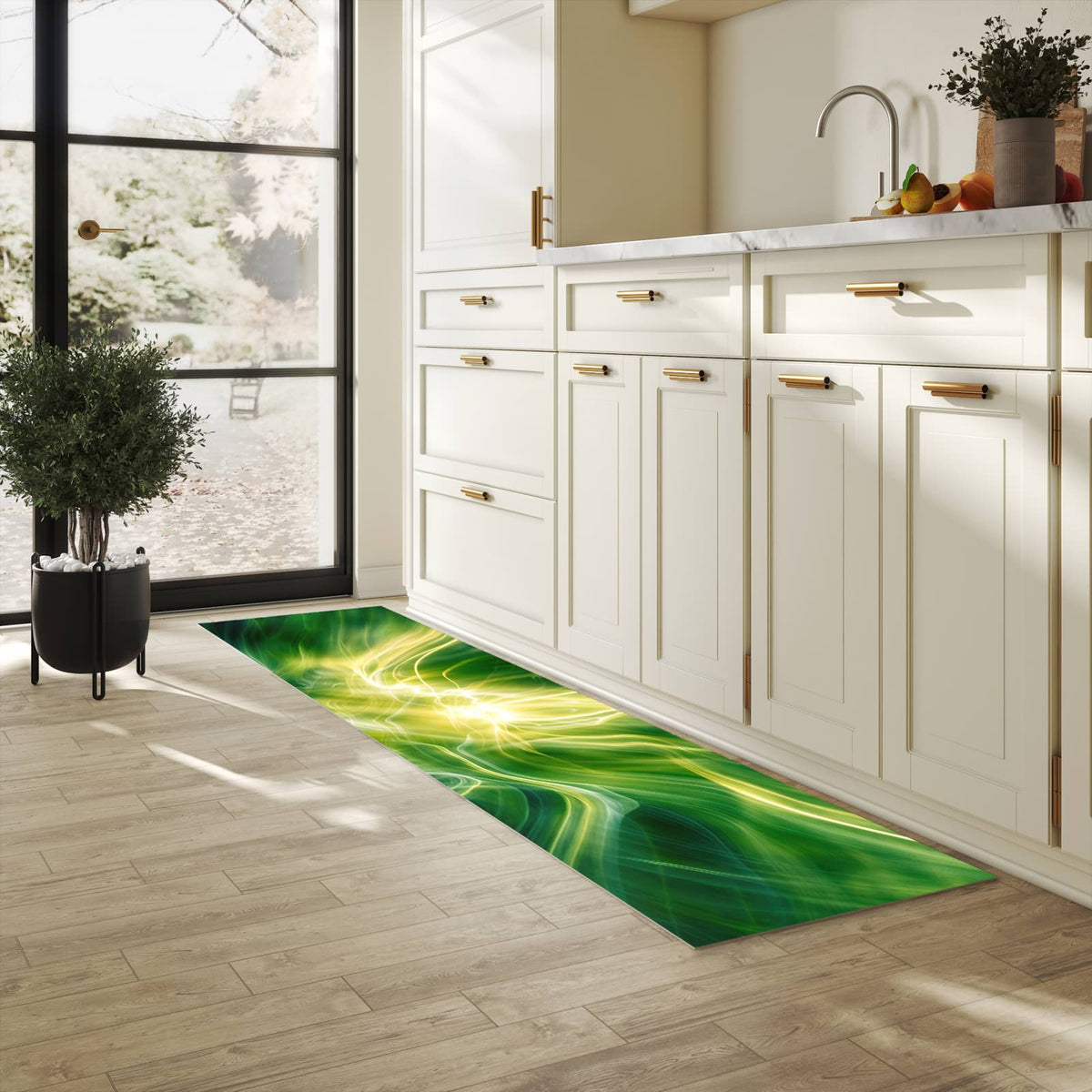 Komfortabler Teppich fürs Esszimmer mit Motiv Leuchtendes Glühen in heller Küche, waschbar