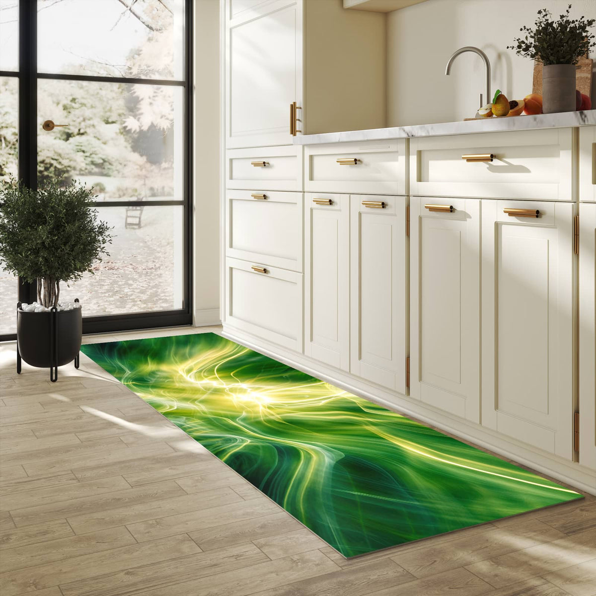 Strapazierfähiger Küchenteppich mit Motiv Leuchtendes Glühen in heller Küche