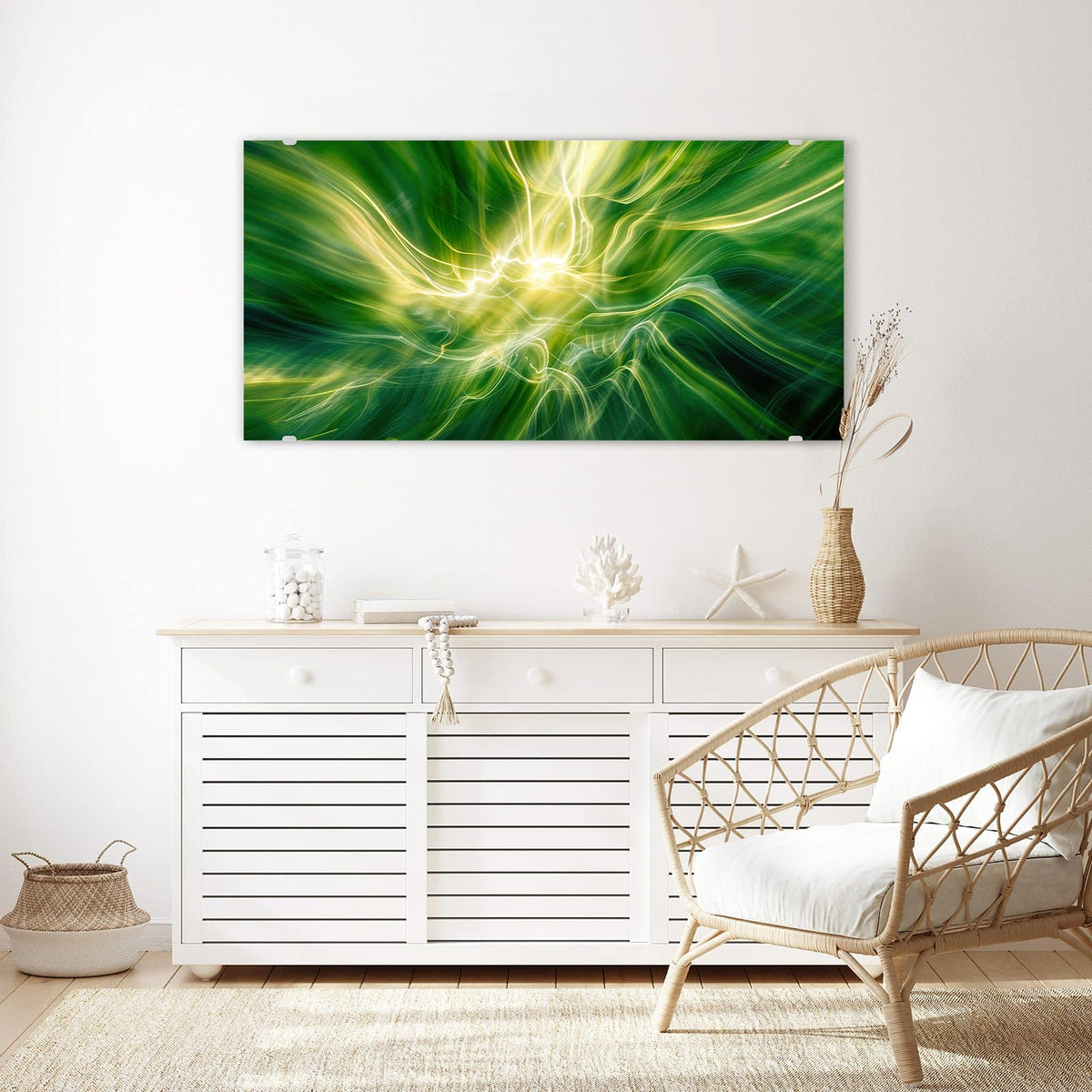 Echtglas, 4 mm – kein Acryl, keine Folie – Wandbild - Grüner Lichtwirbel - Querformat