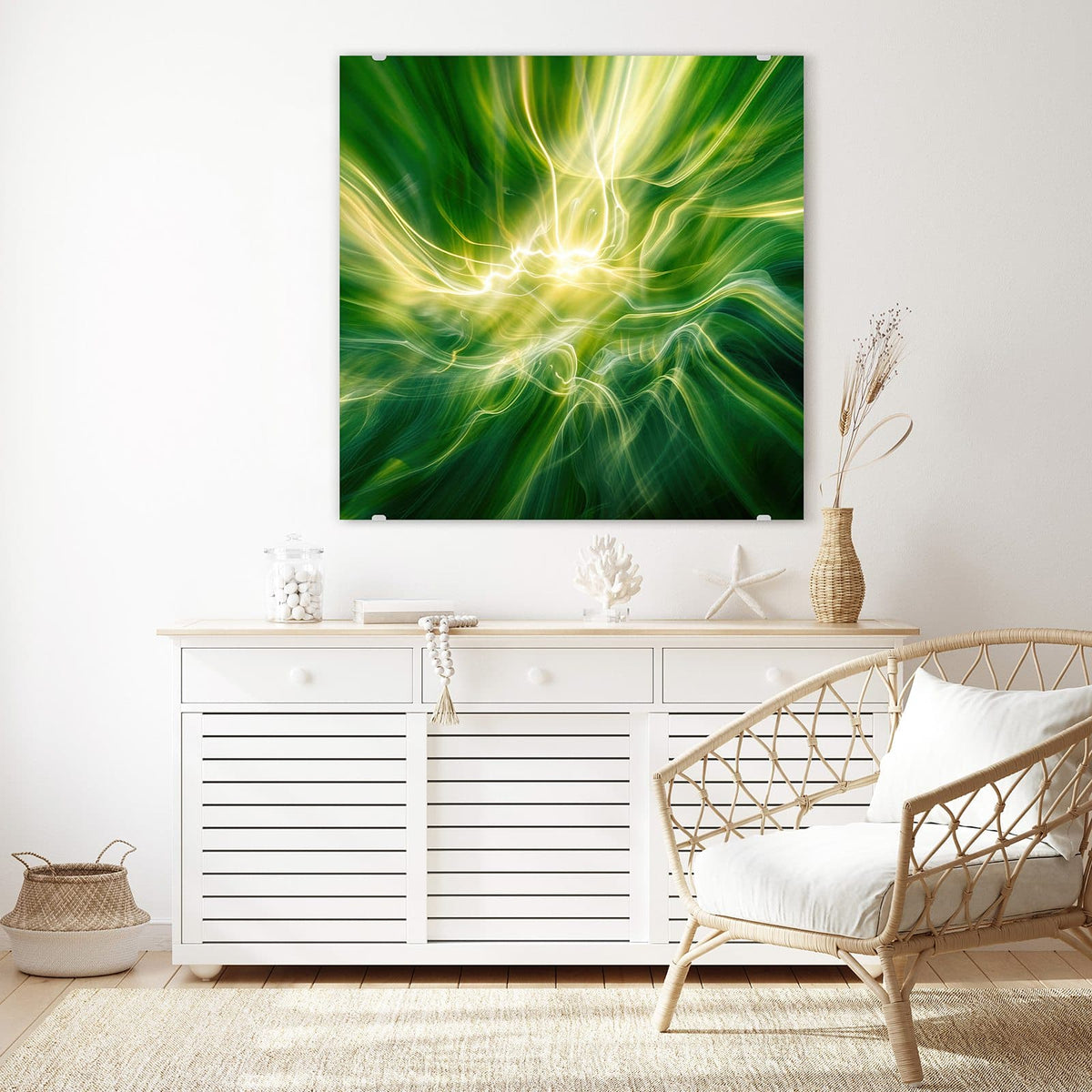 Echtglas, 4 mm – kein Acryl, keine Folie – Wandbild - Grüner Lichtwirbel - Quadratisch