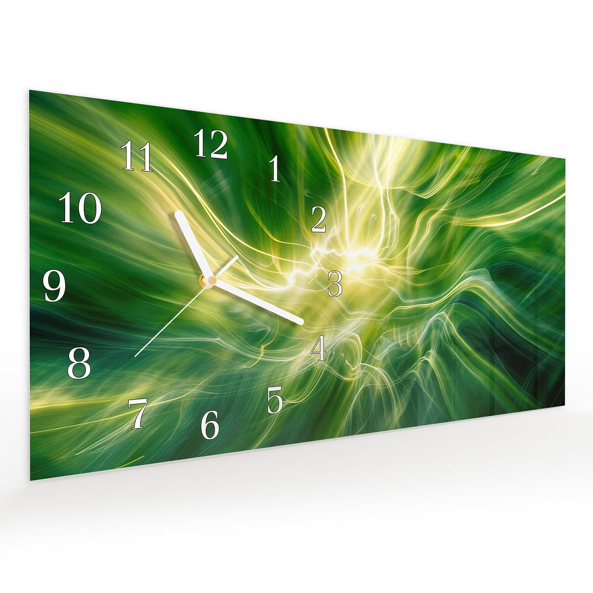 Vormontiert – mit Schwebeeffekt – Wanduhr Leuchtendes Glühen aus Glas – Querformat 60 × 30 cm