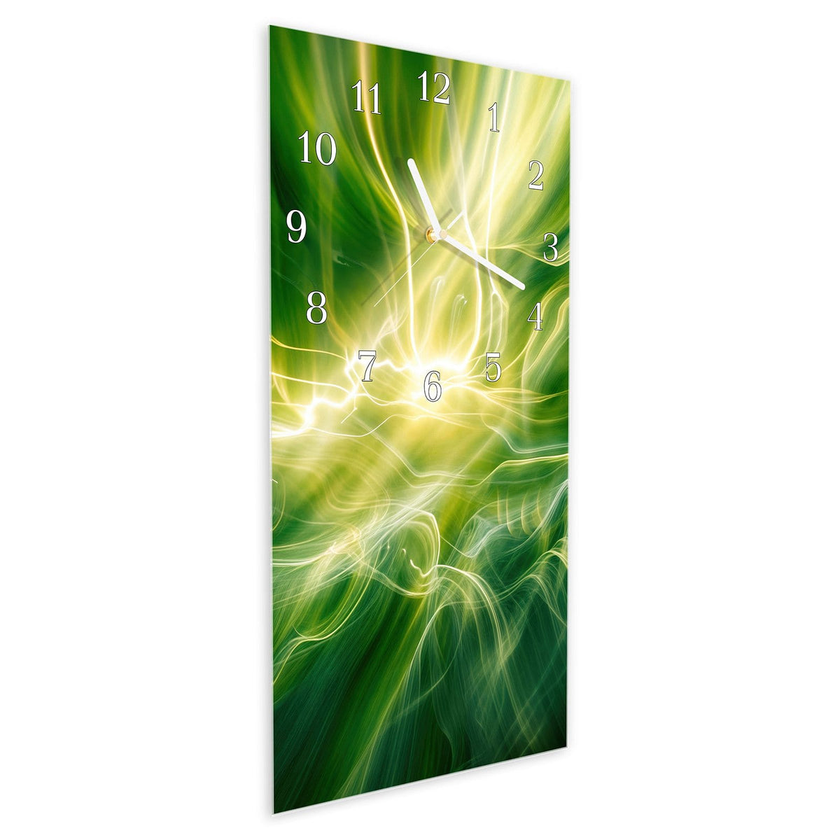 Vormontiert – mit Schwebeeffekt – Wanduhr Leuchtendes Glühen aus Glas – Hochformat 30 × 60 cm