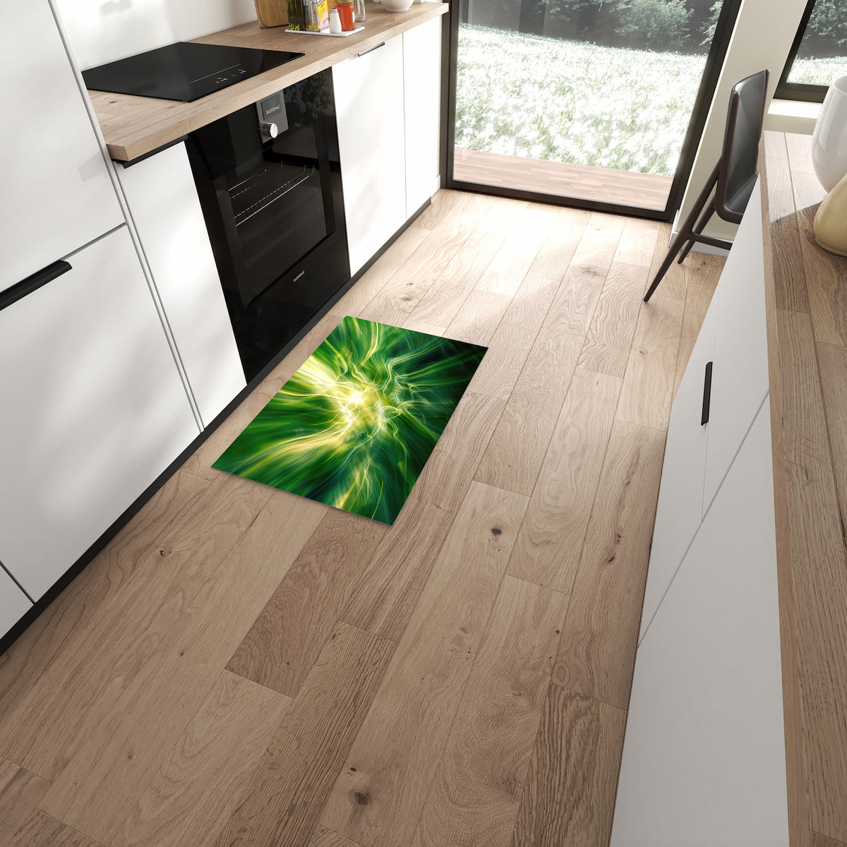 Bodenschonender langer Teppich mit Motiv Leuchtendes Glühen in moderner Küche