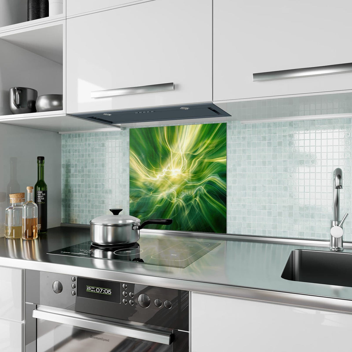 Küchenrückwand aus Glas Grüner Lichtwirbel im quadratischen Format als Spritzschutz hinter dem Kochfeld, über dem Fliesenspiegel montiert
