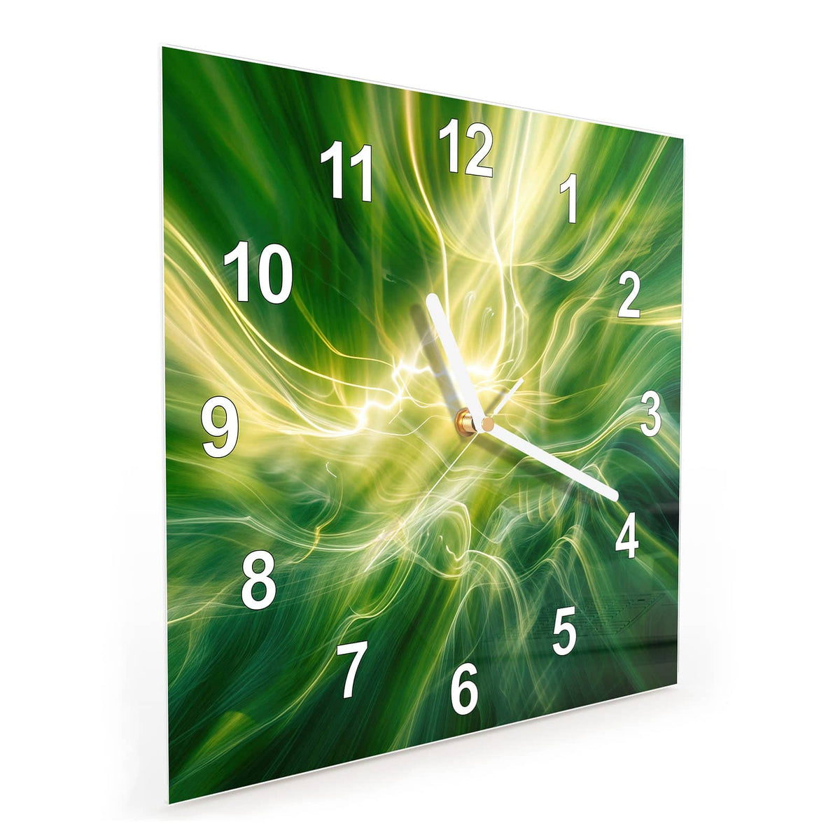 Quadratische Wanduhr aus Glas Grüner Lichtwirbel schräg von der Seite, 4 mm starkes Glas