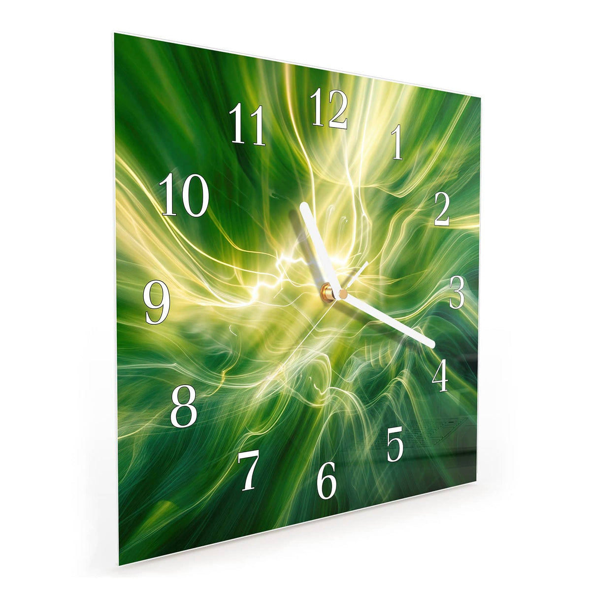 Quadratische Wanduhr aus Glas Grüner Lichtwirbel schräg von der Seite, 4 mm starkes Glas