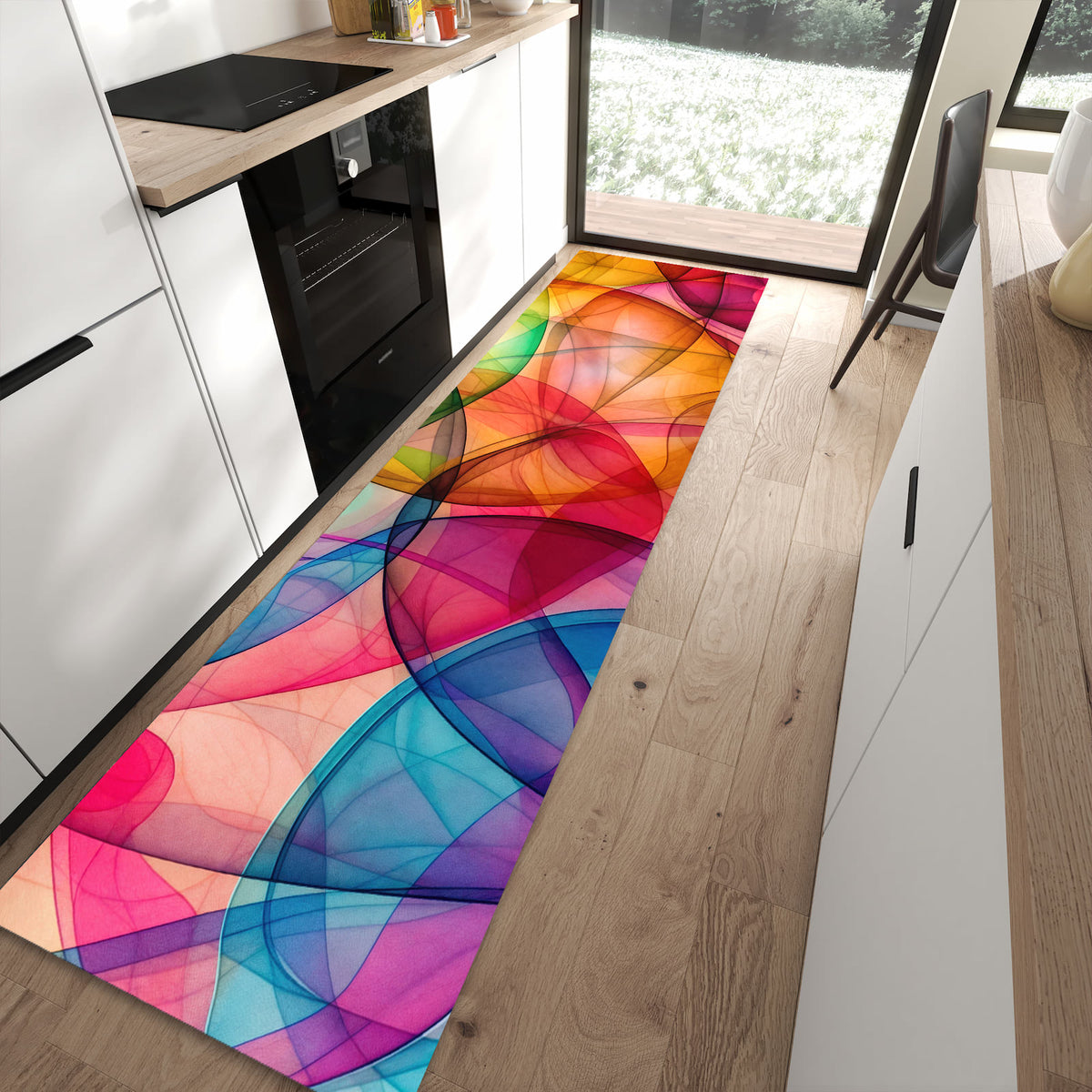 Küchenteppich Durchscheinende Formen 80 × 300 cm vor der Küchenzeile auf hellem Holzboden