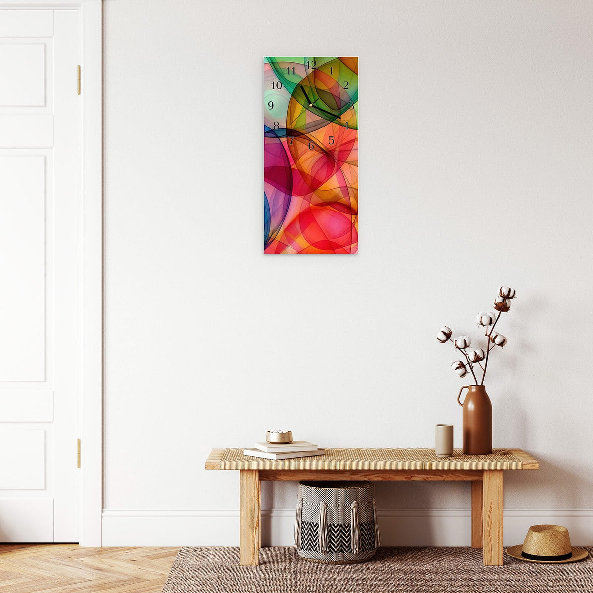 Moderne Wanduhr aus Glas mit Farbtiefe – Wanduhr Farbenpracht aus Glas – Hochformat 30 × 60 cm