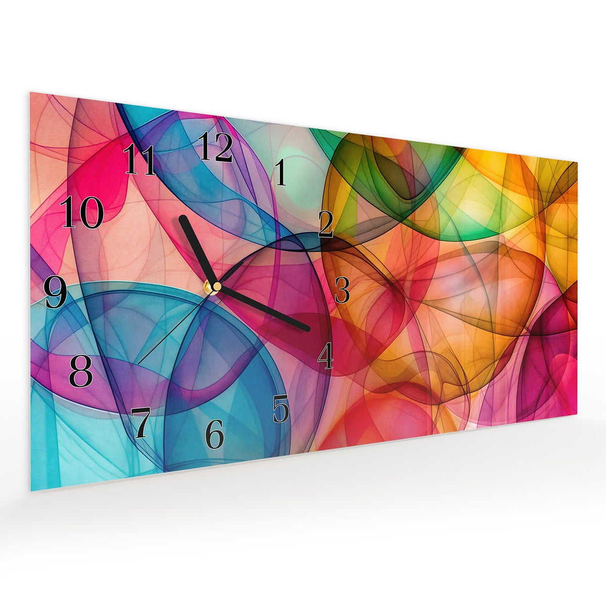 Vormontiert – mit Schwebeeffekt – Wanduhr Farbenpracht aus Glas – Querformat 60 × 30 cm
