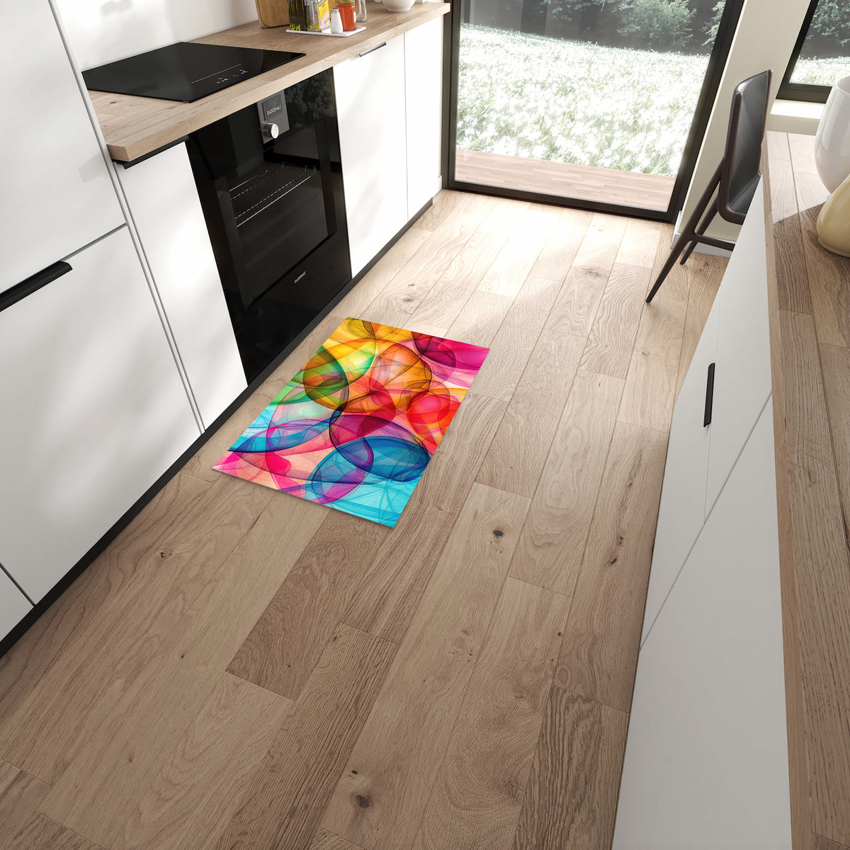 Küchenteppich Durchscheinende Formen 60 × 90 cm vor der Küchenzeile auf hellem Holzboden