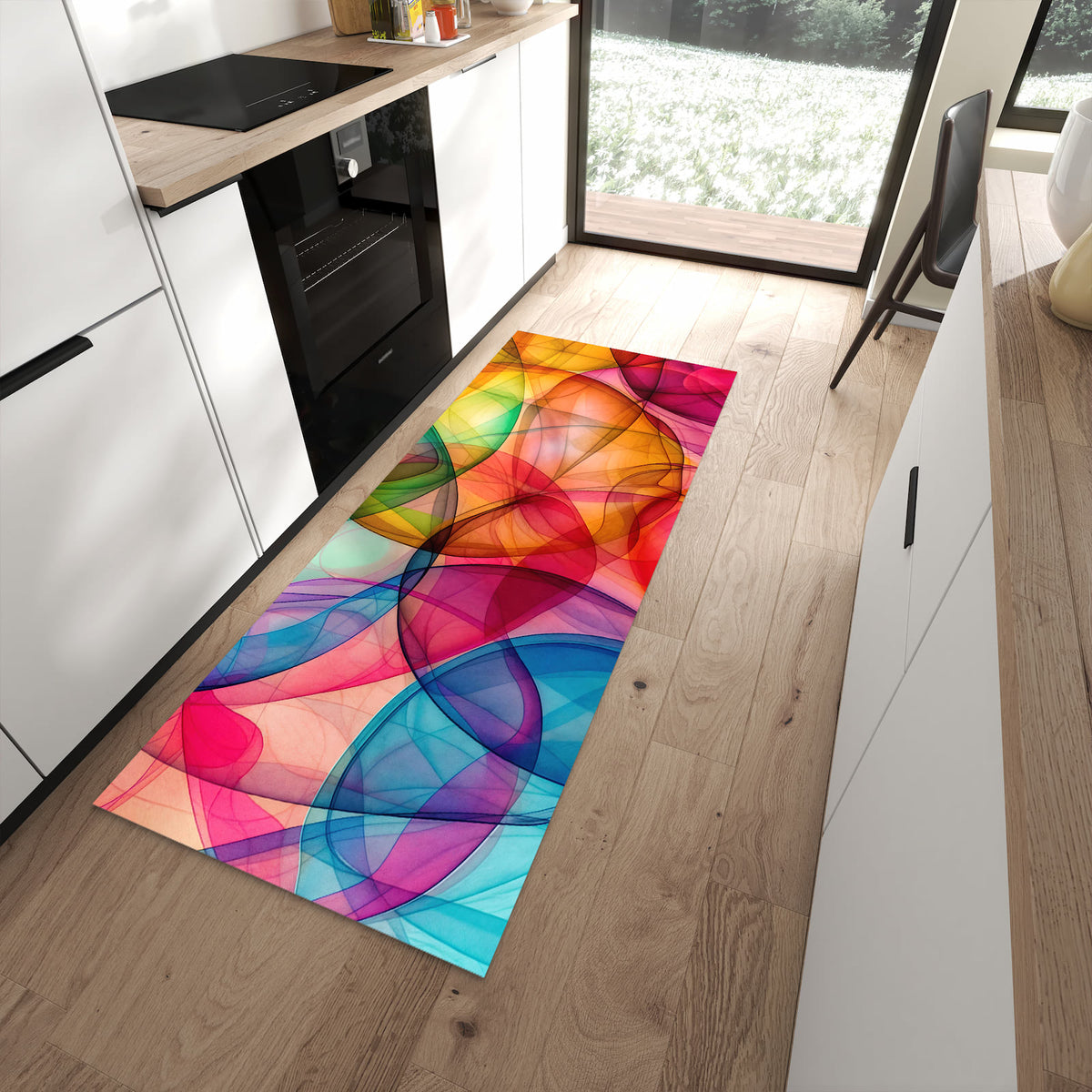 Küchenteppich Durchscheinende Formen 80 × 200 cm vor der Küchenzeile auf hellem Holzboden