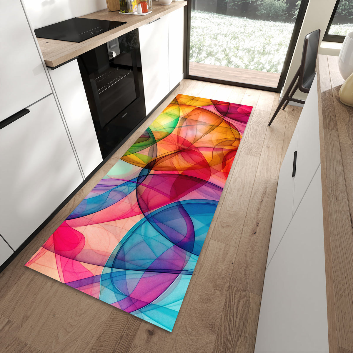 Küchenteppich Durchscheinende Formen 90 × 240 cm vor der Küchenzeile auf hellem Holzboden