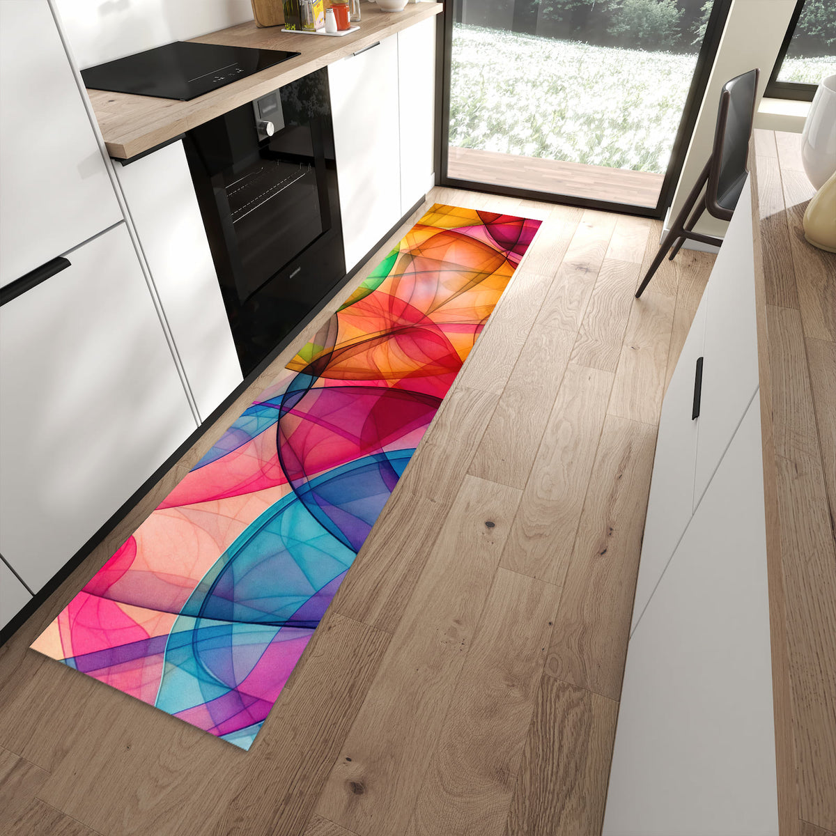Küchenteppich Durchscheinende Formen 60 × 270 cm vor der Küchenzeile auf hellem Holzboden