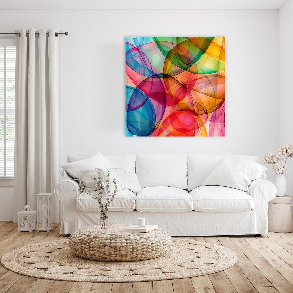 Glasbild Durchscheinende Formen an der Wand – Überlagerte durchscheinende Ovale in Blau, Rot, Gelb und Grün