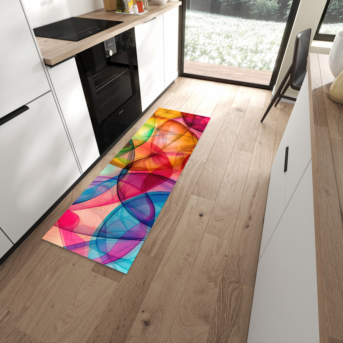 Küchenteppich Durchscheinende Formen 60 × 180 cm vor der Küchenzeile auf hellem Holzboden