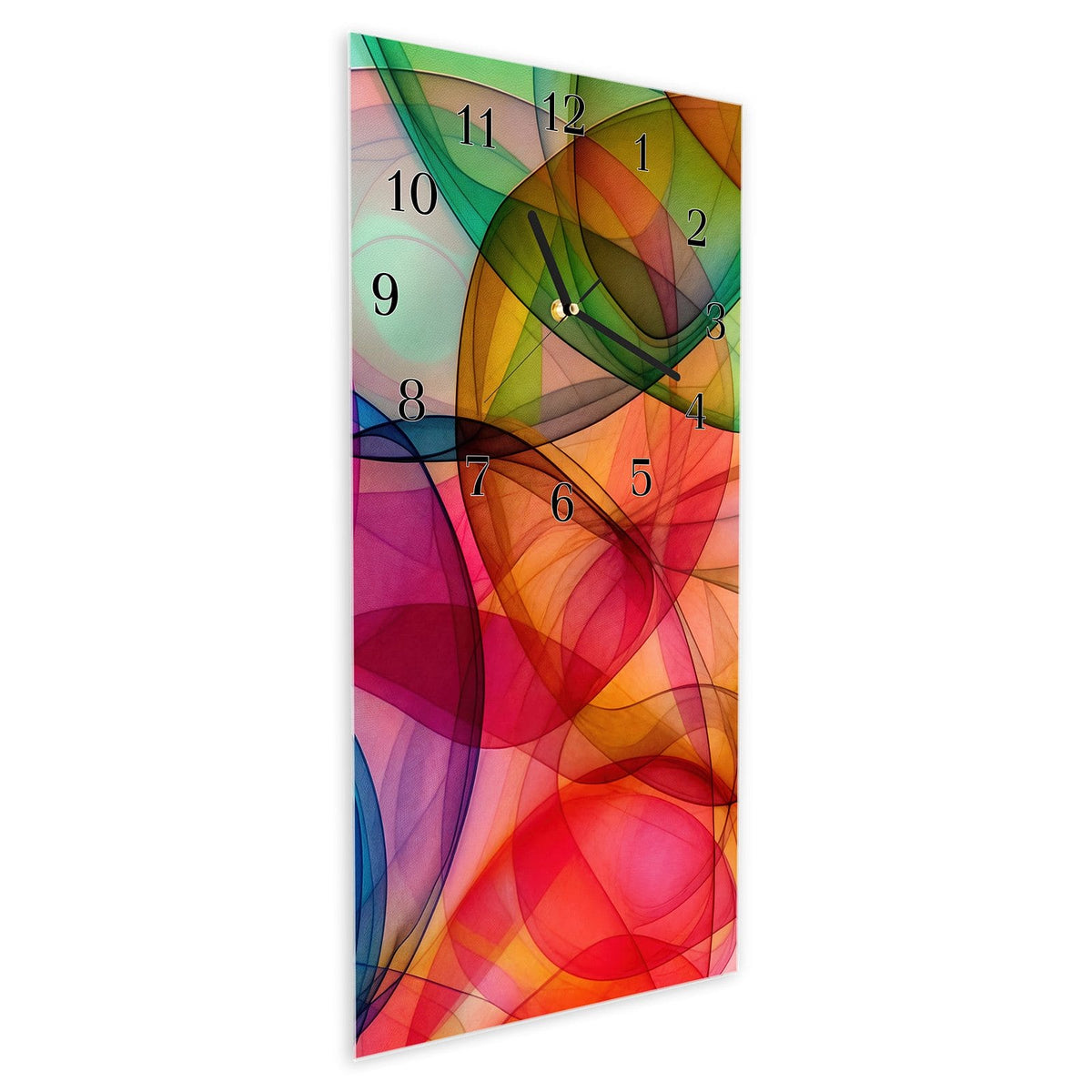 Vormontiert – mit Schwebeeffekt – Wanduhr Farbenpracht aus Glas – Hochformat 30 × 60 cm