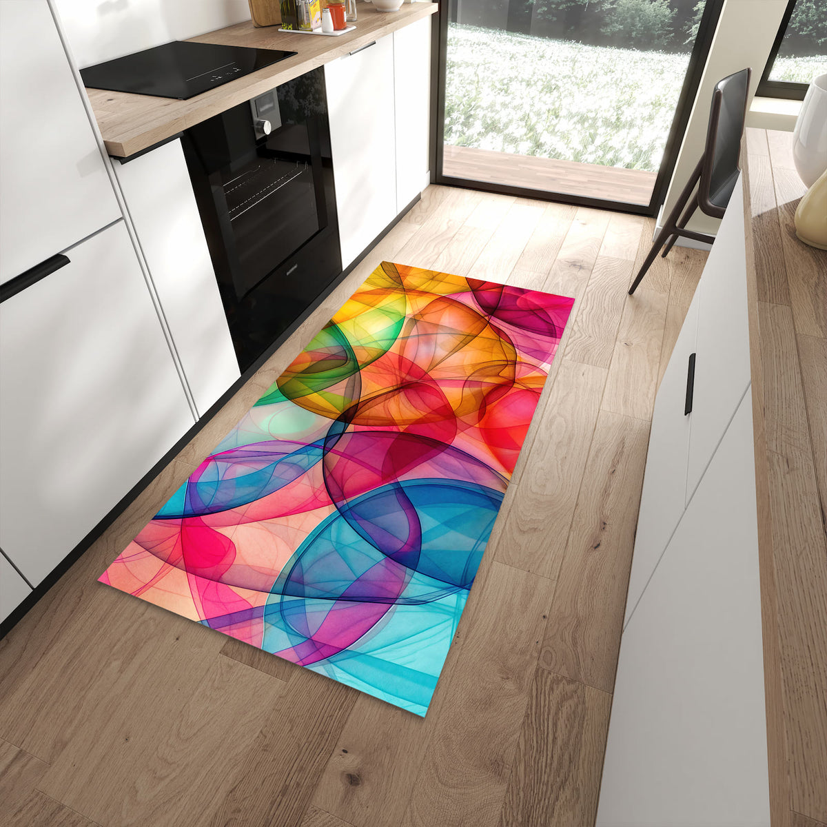 Küchenteppich Durchscheinende Formen 90 × 180 cm vor der Küchenzeile auf hellem Holzboden