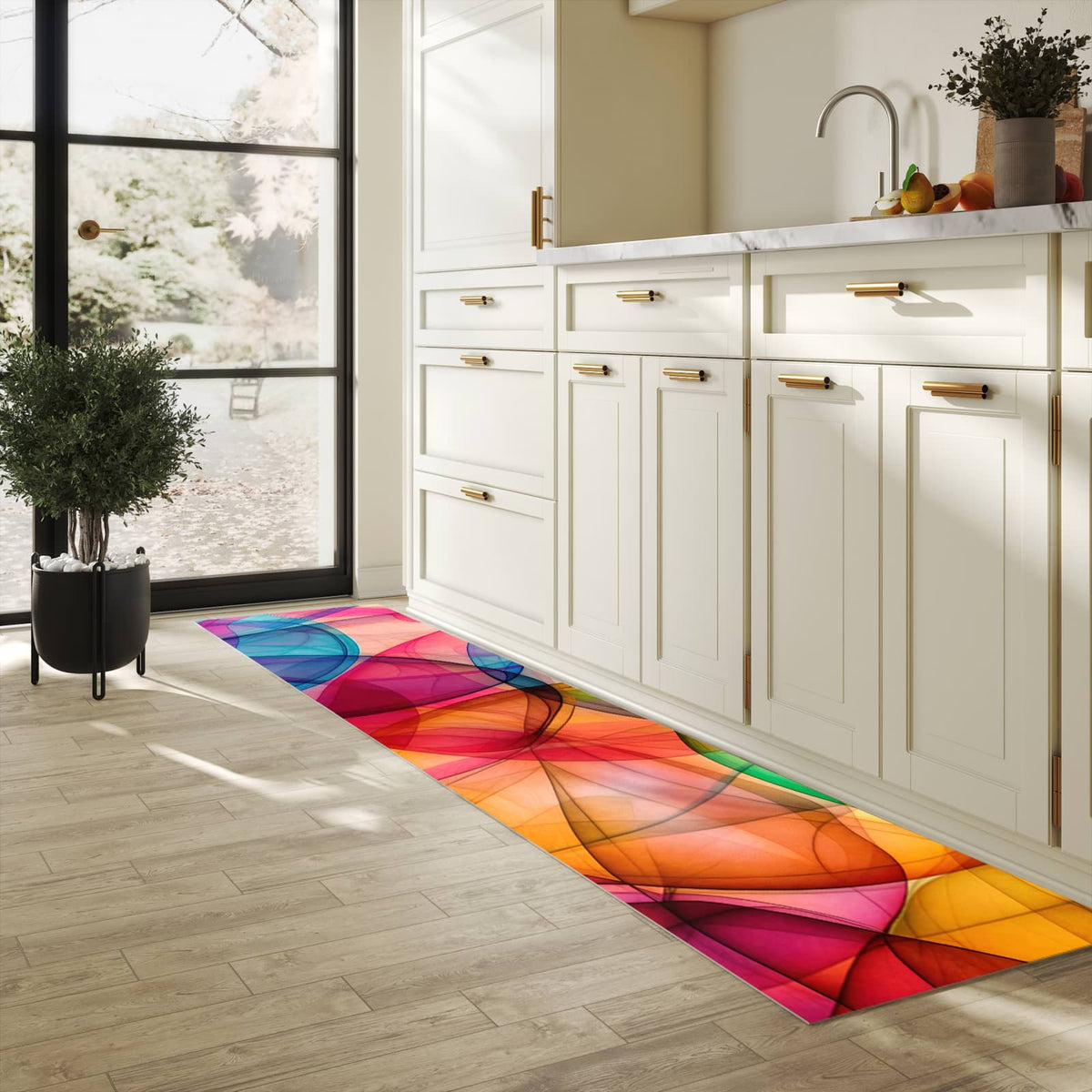 Küchenteppich Durchscheinende Formen 60 × 300 cm in einer hellen Küche am Fenster