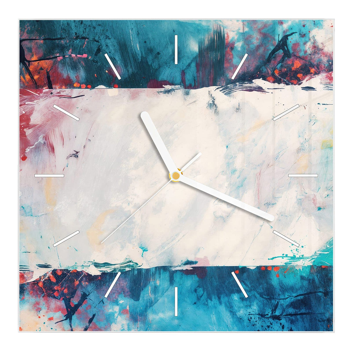 Wanduhr aus Glas, Ziffernblatt Linie: Breites weißes Band quer durchs Bild, oben und unten petrolblaue Flächen mit roten Spritzern