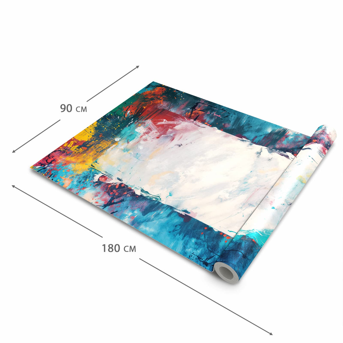 Küchenläufer Weißes Band in Blau halb aufgerollt mit Maßangaben: Gesamtgröße 90 × 180 cm