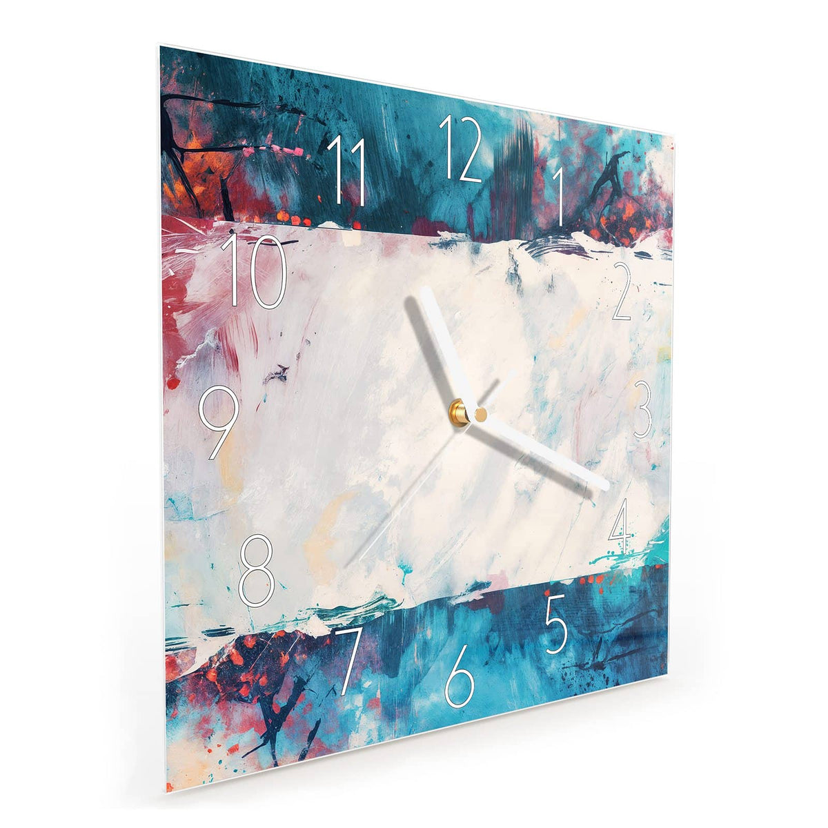 Quadratische Wanduhr aus Glas Weißes Band in Blau schräg von der Seite, 4 mm starkes Glas