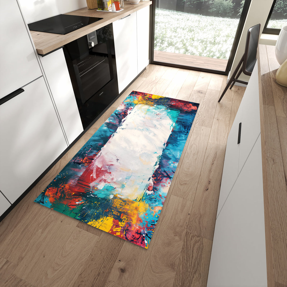 Küchenteppich Weißes Band in Blau 90 × 180 cm vor der Küchenzeile auf hellem Holzboden