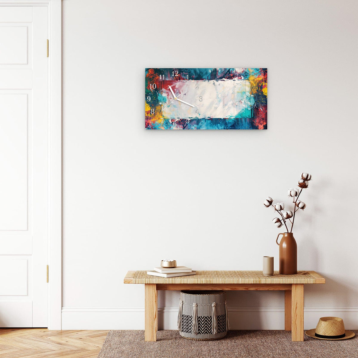 Moderne Wanduhr aus Glas mit Farbtiefe – Wanduhr Abstrakte Kunst Form aus Glas – Querformat 60 × 30 cm
