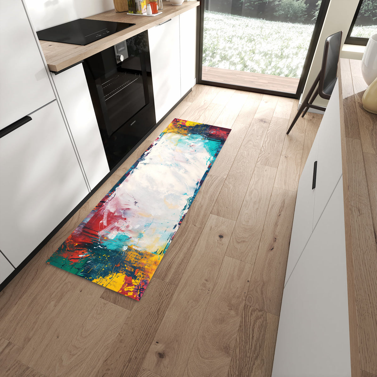 Küchenteppich Weißes Band in Blau 60 × 180 cm vor der Küchenzeile auf hellem Holzboden