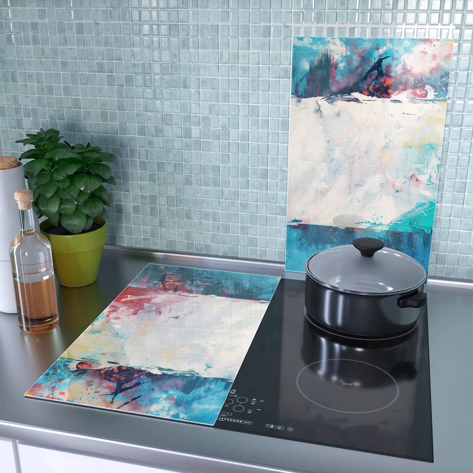 2-teilige Herdabdeckplatte Induktion mit Abstrakte Kunst Form-Motiv als Spritzschutz hinter dem Kochfeld