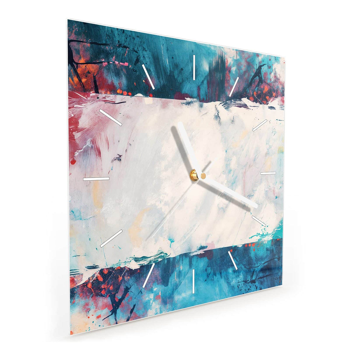 Quadratische Wanduhr aus Glas Weißes Band in Blau schräg von der Seite, 4 mm starkes Glas