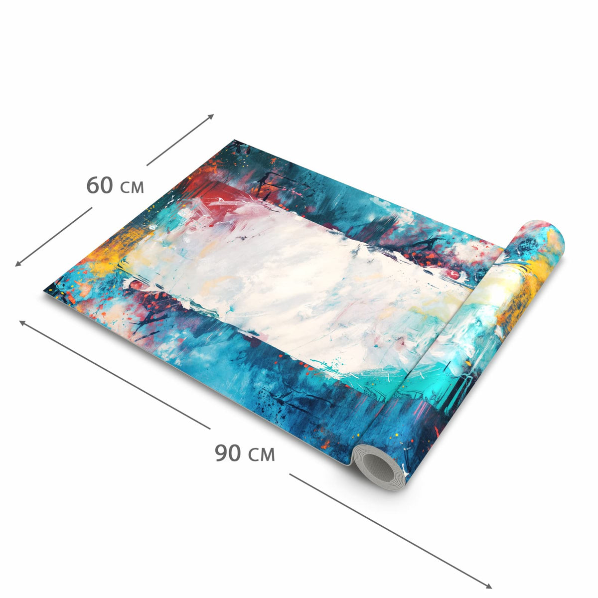 Küchenläufer Weißes Band in Blau halb aufgerollt mit Maßangaben: Gesamtgröße 60 × 90 cm
