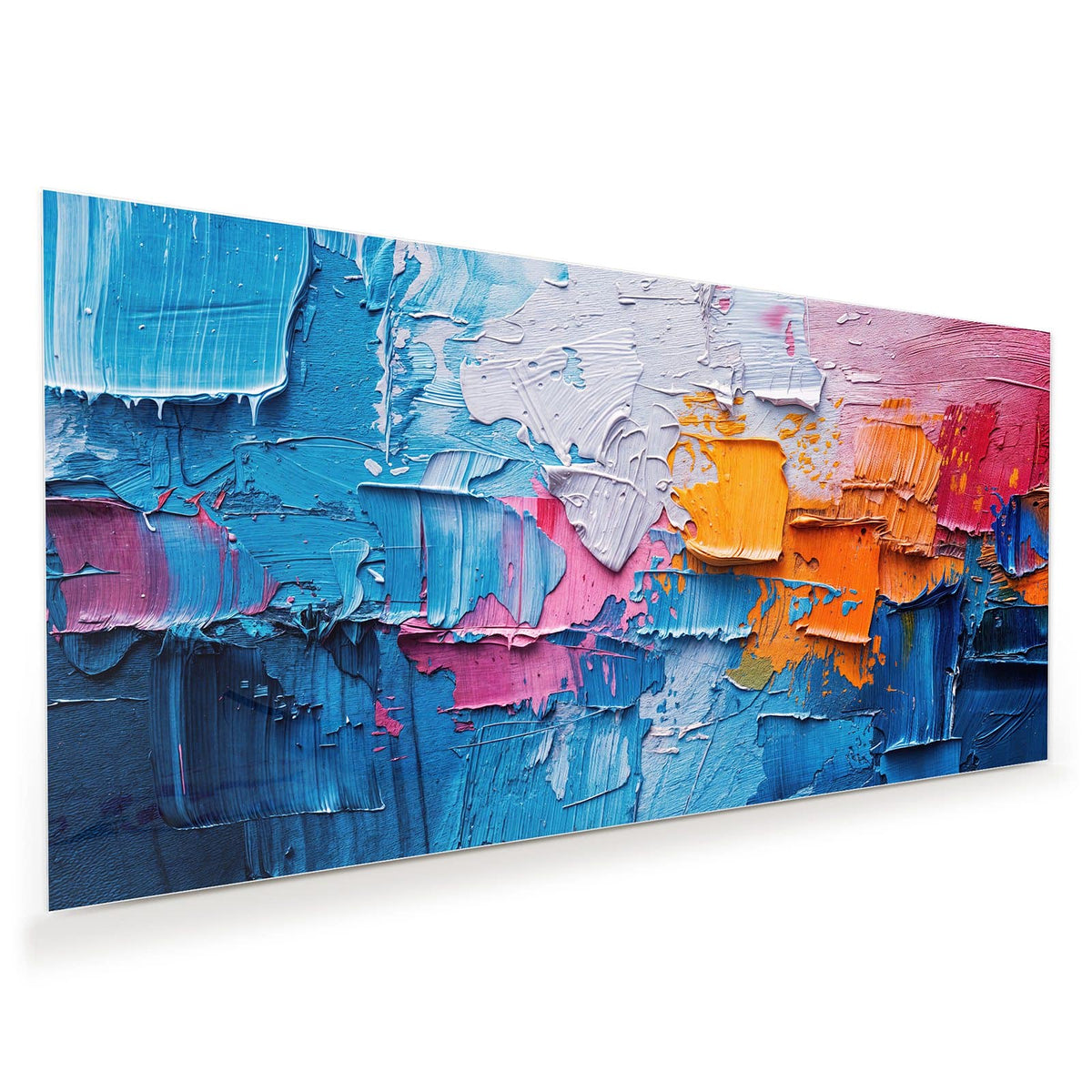 Dick mit dem Spachtel aufgetragene Farbe in Blau, Weiß, Orange und Pink.