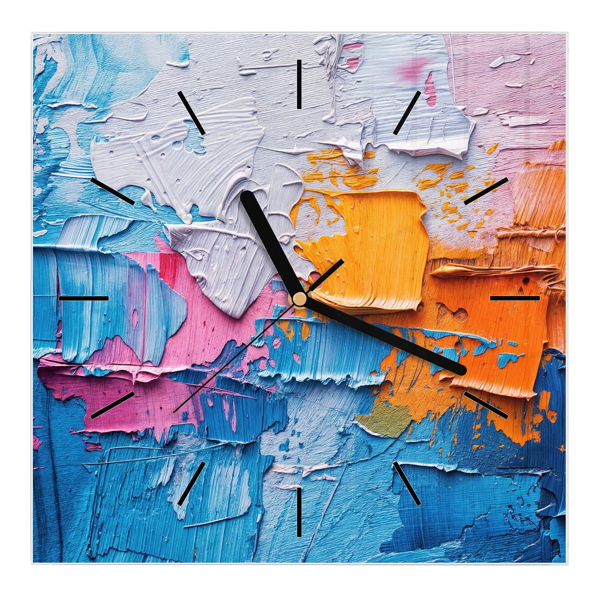 Wanduhr aus Glas, Ziffernblatt Linie mit Motiv Dicke Farbschichten: Dick mit dem Spachtel aufgetragene Farbe in Blau, Weiß, Orange und Pink.