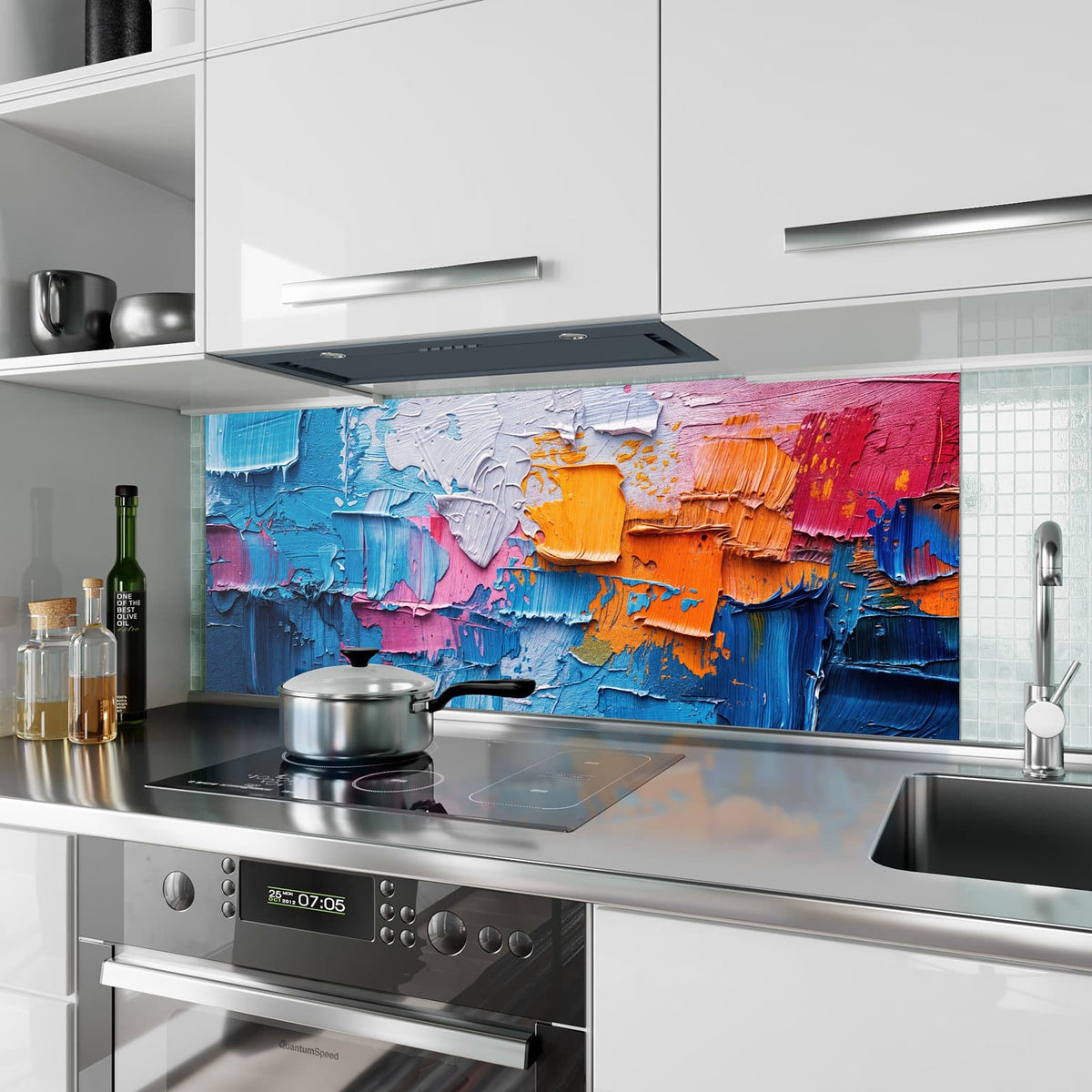 Küchenrückwand aus Glas Dicke Farbschichten im Hochformat als Spritzschutz hinter dem Kochfeld, über dem Fliesenspiegel montiert