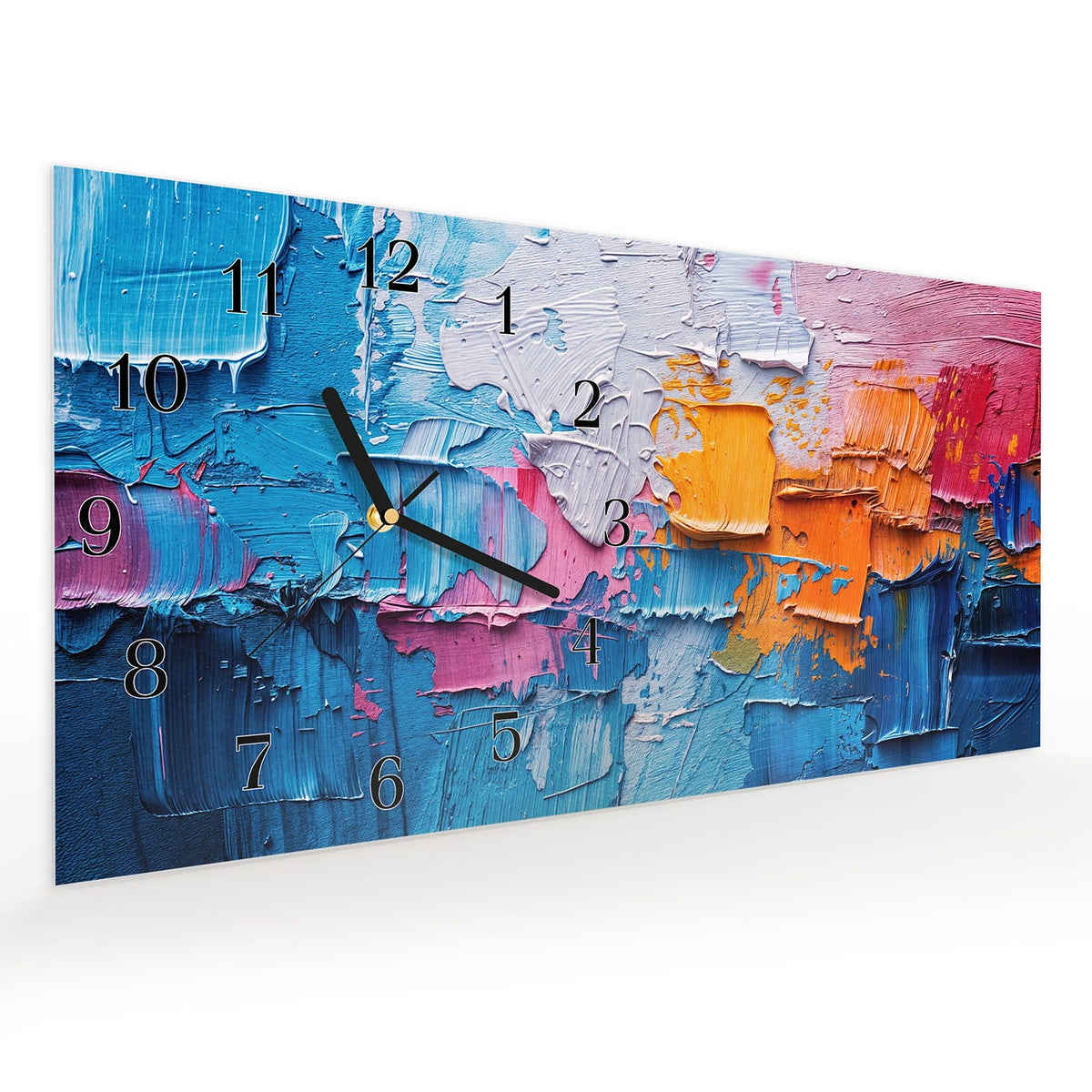 Vormontiert – mit Schwebeeffekt – Wanduhr Farbstruktur Artwork aus Glas – Querformat 60 × 30 cm