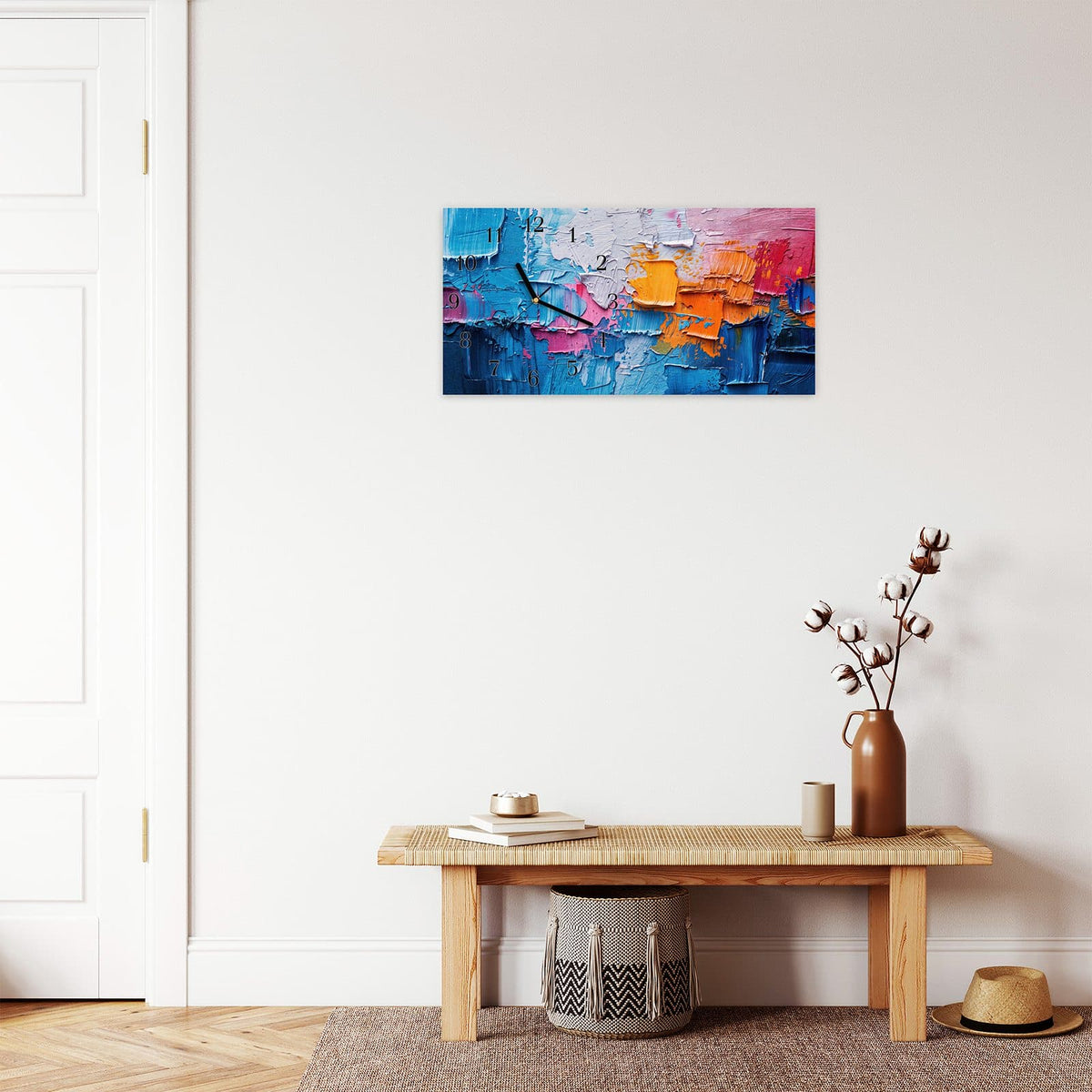 Moderne Wanduhr aus Glas mit Farbtiefe – Wanduhr Farbstruktur Artwork aus Glas – Querformat 60 × 30 cm