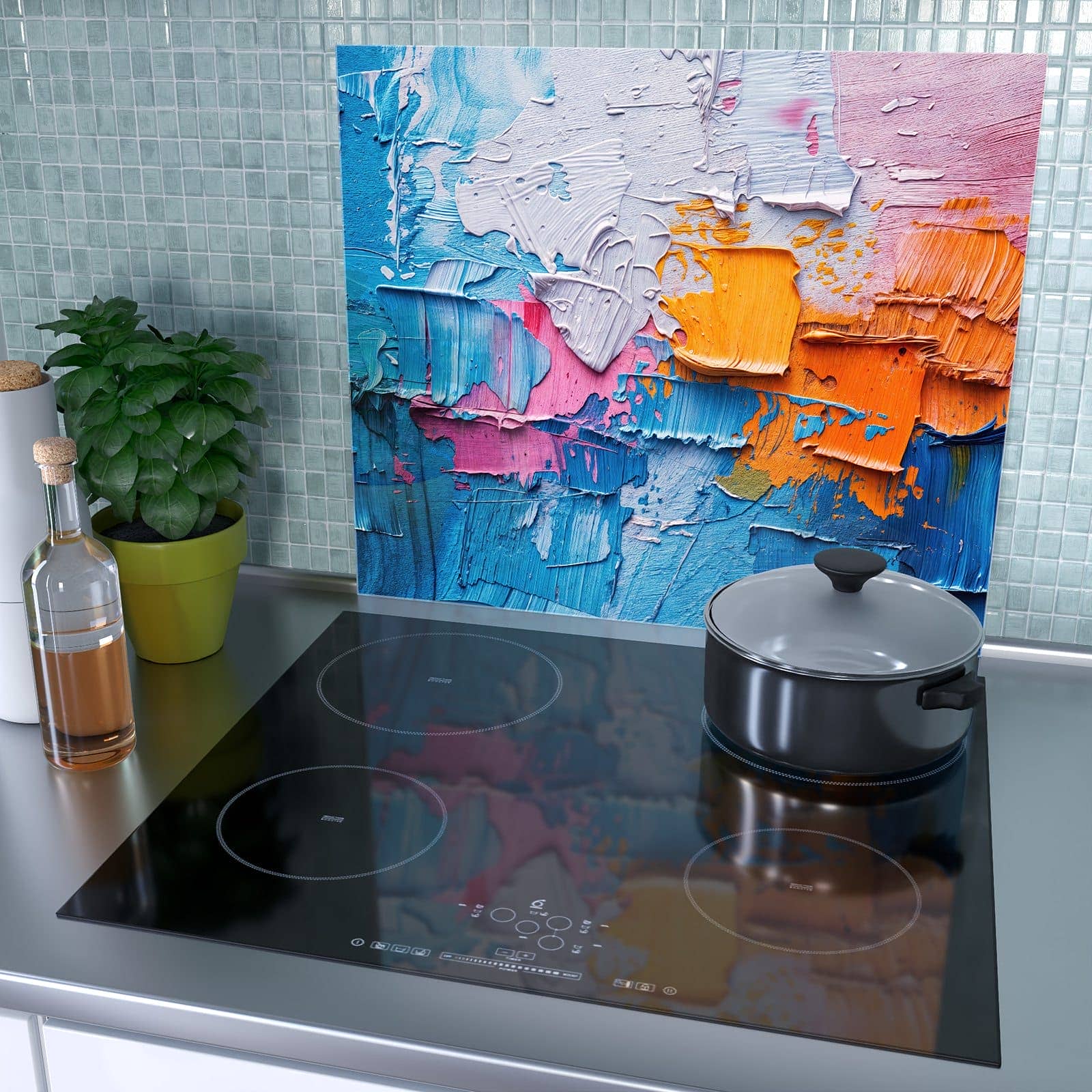 1-teilige Glasabdeckplatte für Ceranfeld mit Farbstruktur Artwork-Motiv als Spritzschutz hinter dem Kochfeld
